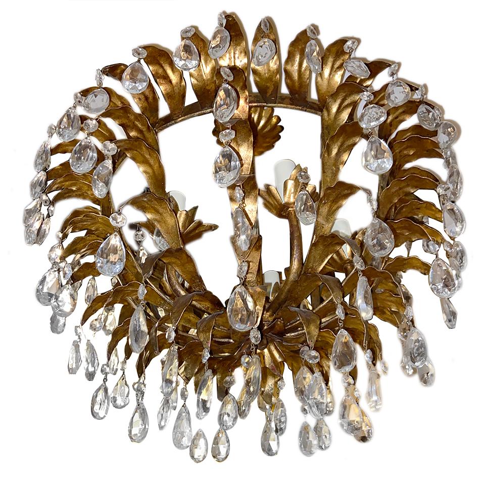 Gilt Metal and Crystal Semi Flush Light Fixture In Good Condition For Sale In New York, NY