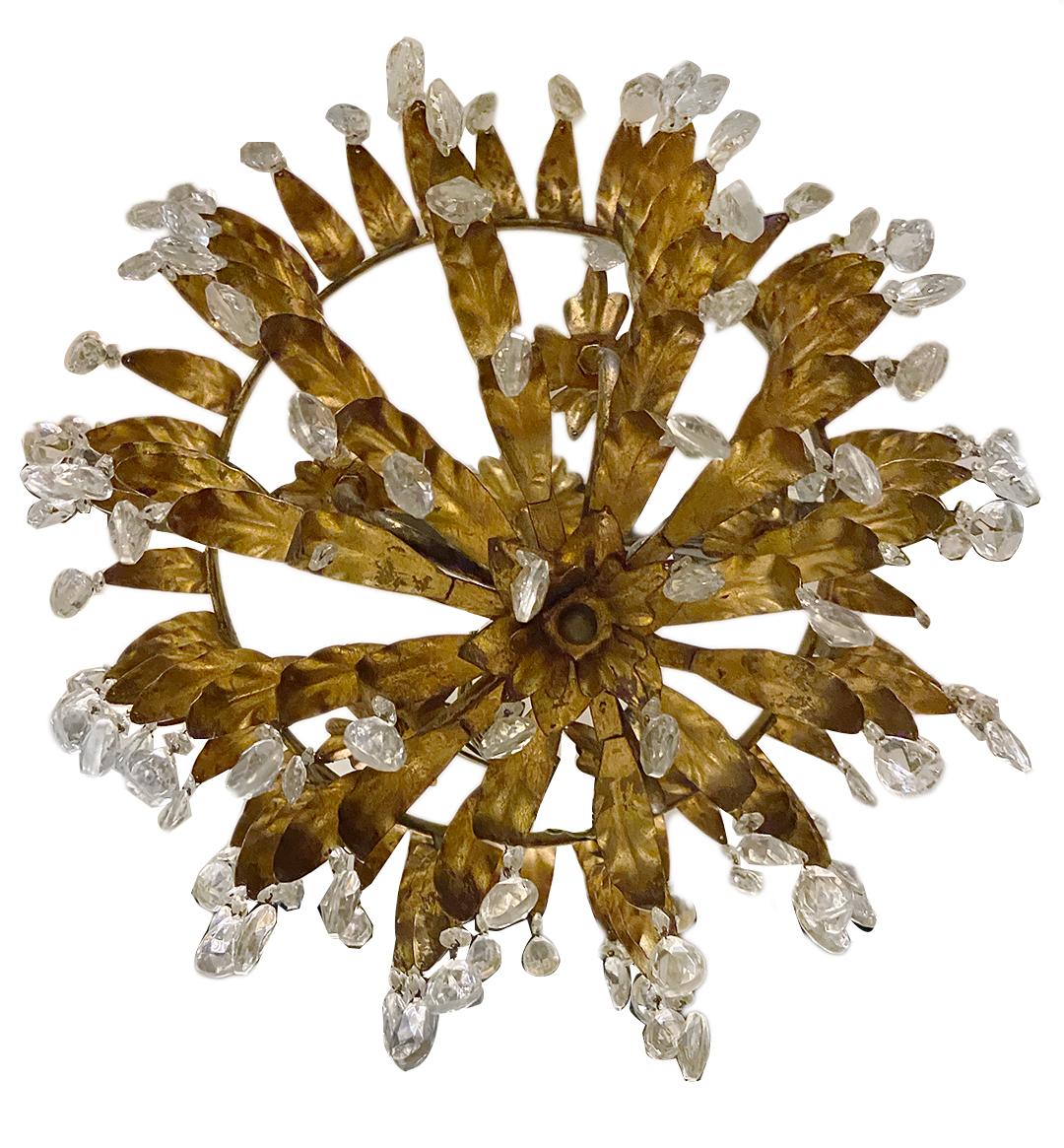 Mid-20th Century Gilt Metal and Crystal Semi Flush Light Fixture For Sale