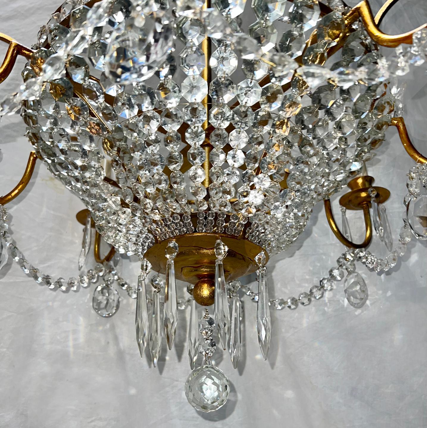 Gilt Metal and Crystals Chandelier with Crystal Flowers In Good Condition For Sale In New York, NY