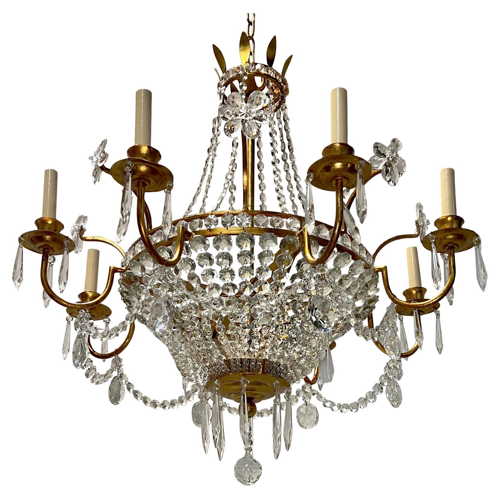 Gilt Metal and Crystals Chandelier with Crystal Flowers For Sale