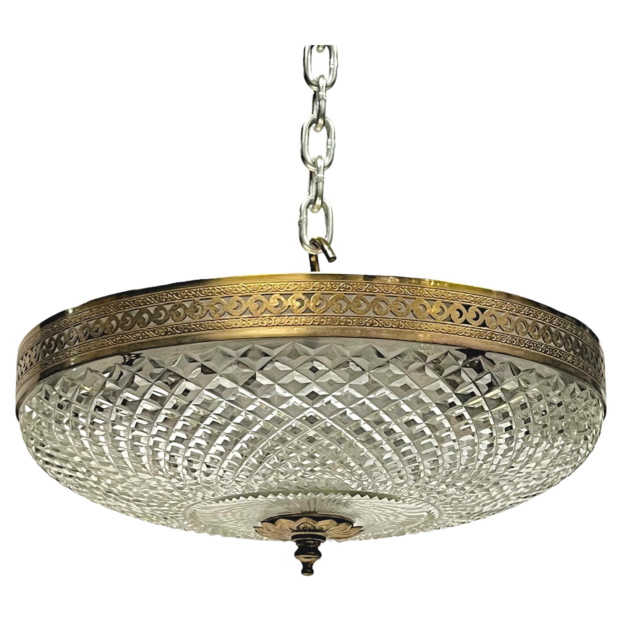Vintage gilt metal and glass coupe form flush ceiling chandelier.