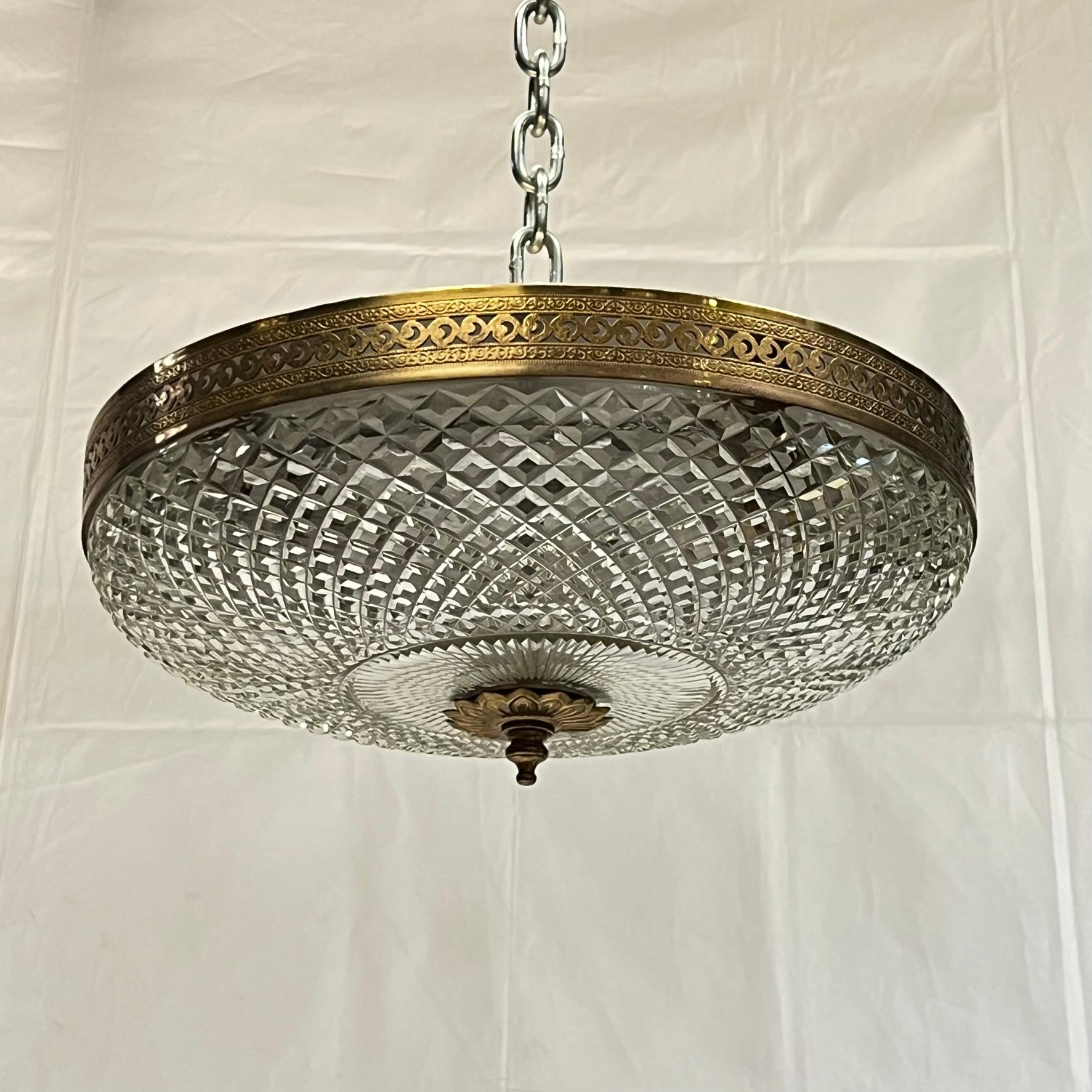 20th Century Gilt Metal and Cut Glass Coupe Pendant Form Flush Ceiling Fixture For Sale