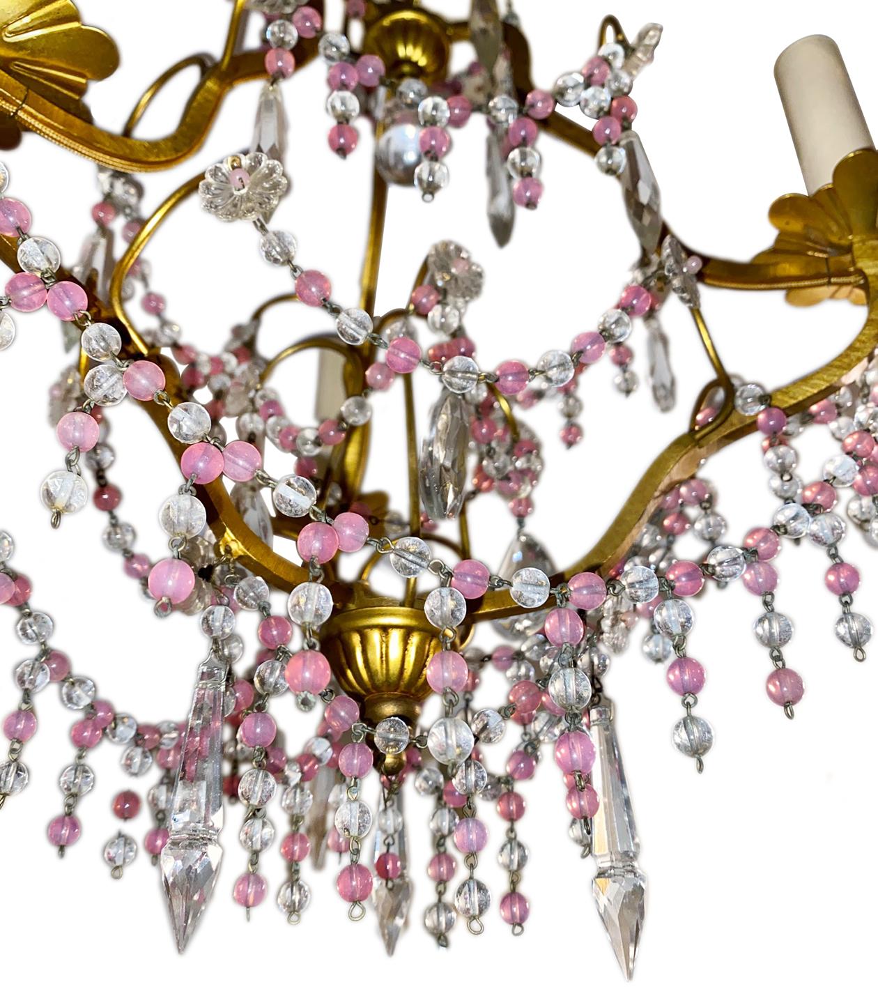 Italian Gilt Metal and Pink Bead Chandelier For Sale
