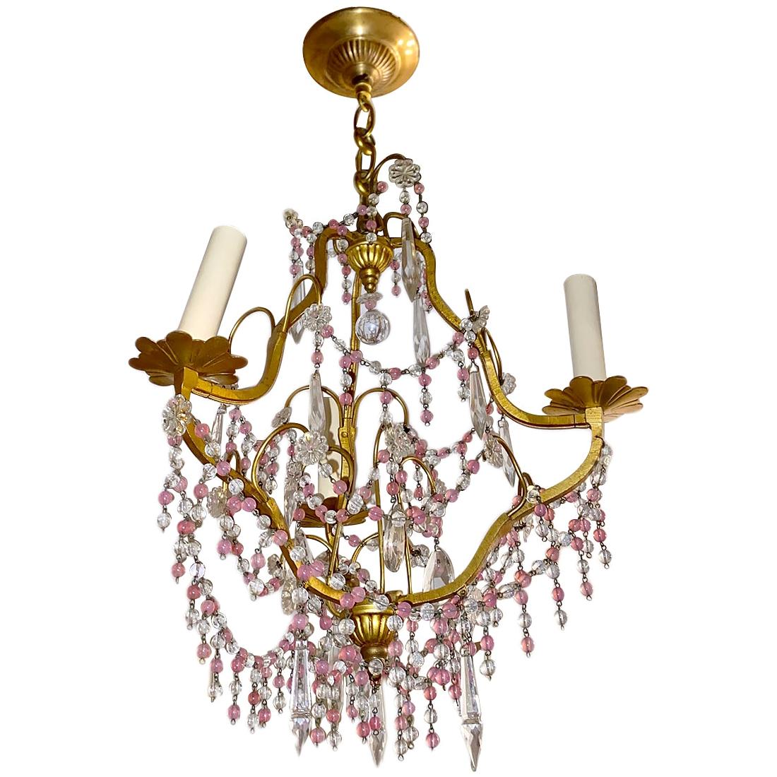 Gilt Metal and Pink Bead Chandelier For Sale