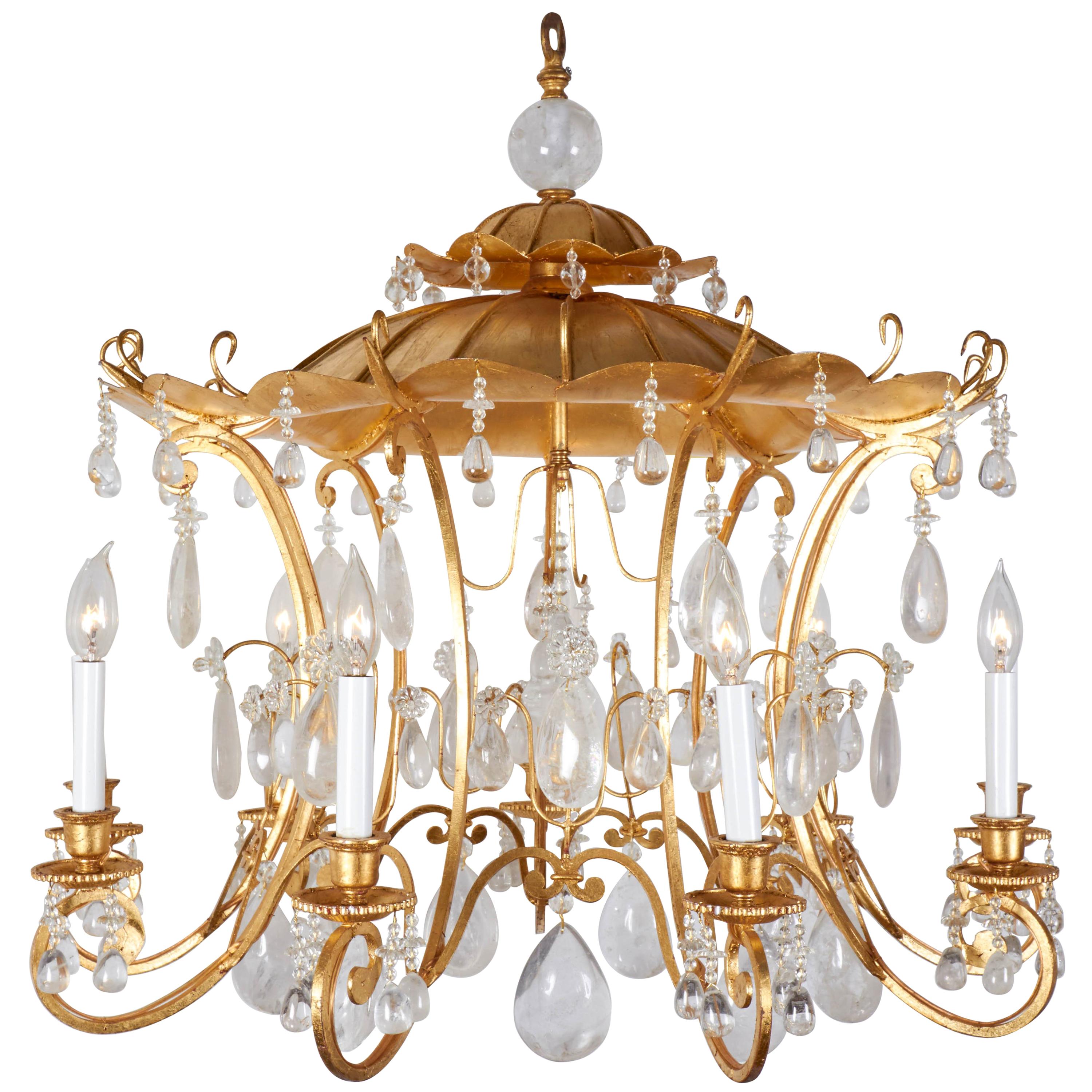 Rock Crystal Chandelier with Gilt Metal and Pagoda Design, New For Sale