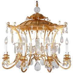 Rock Crystal Chandelier with Gilt Metal and Pagoda Design, New