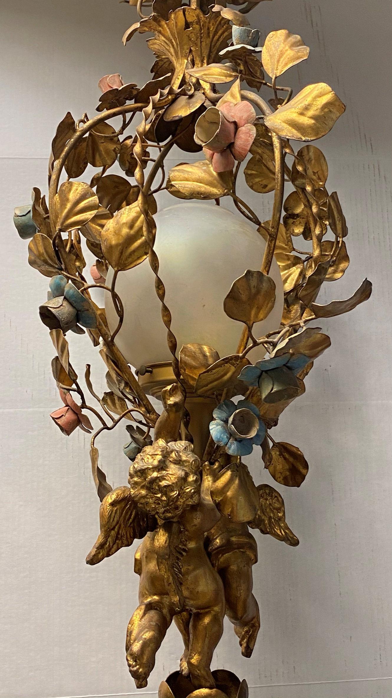 Gilt Metal and Tole Cherub Motif Chandelier For Sale 5