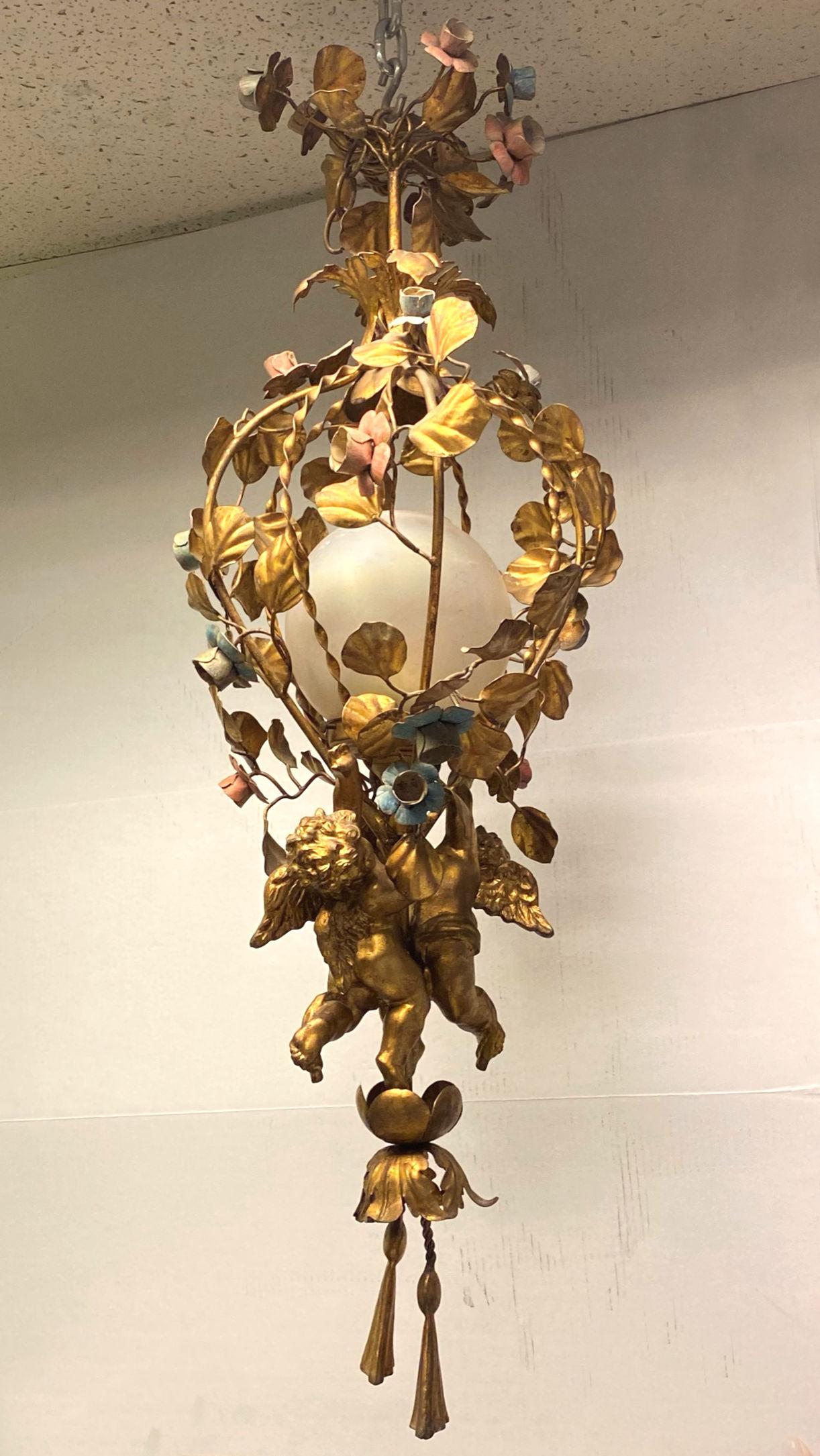 French Gilt Metal and Tole Cherub Motif Chandelier For Sale