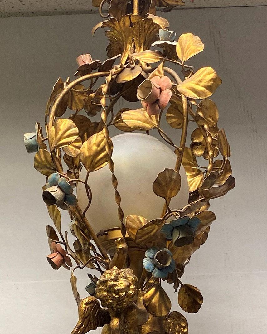 Gilt Metal and Tole Cherub Motif Chandelier For Sale 1