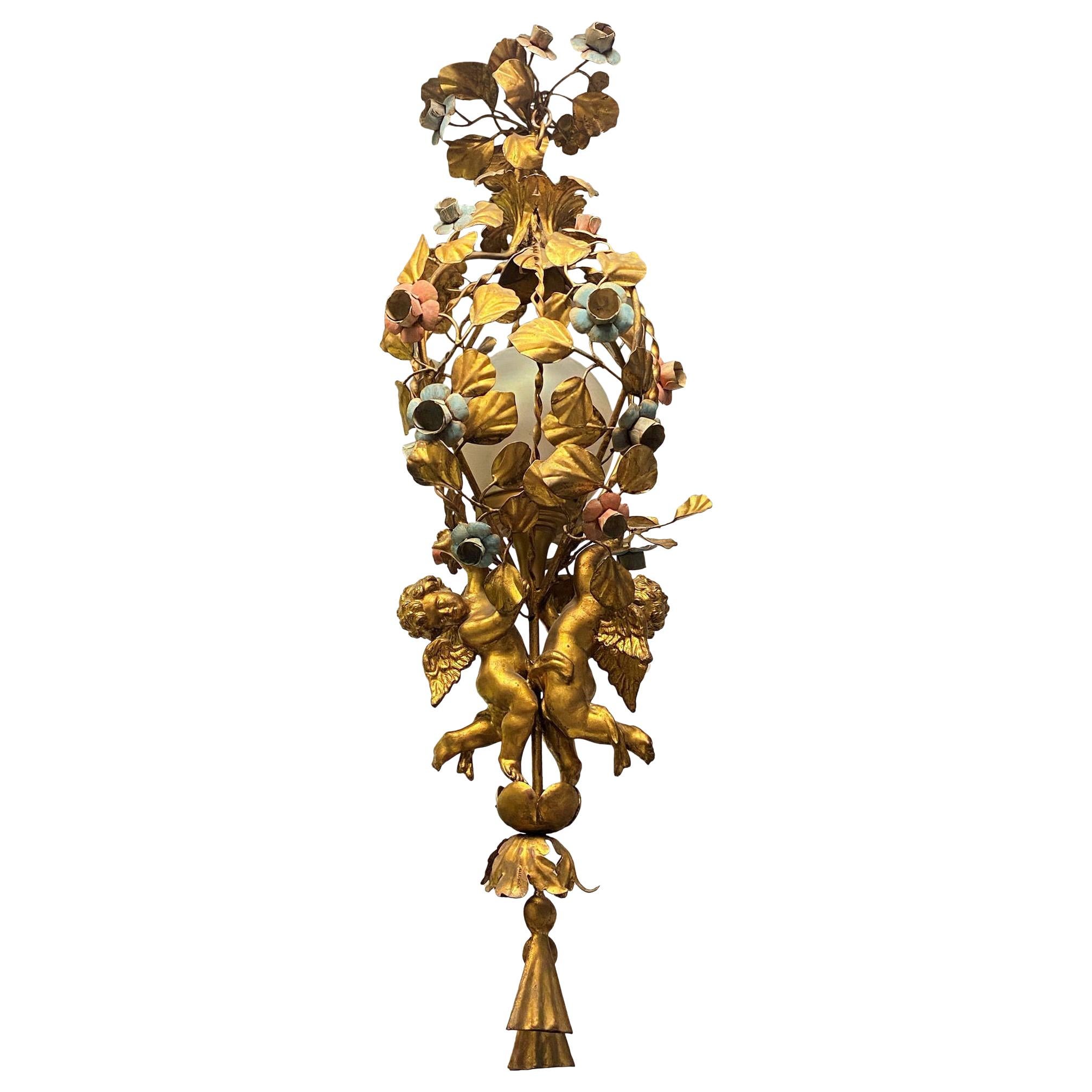 Gilt Metal and Tole Cherub Motif Chandelier