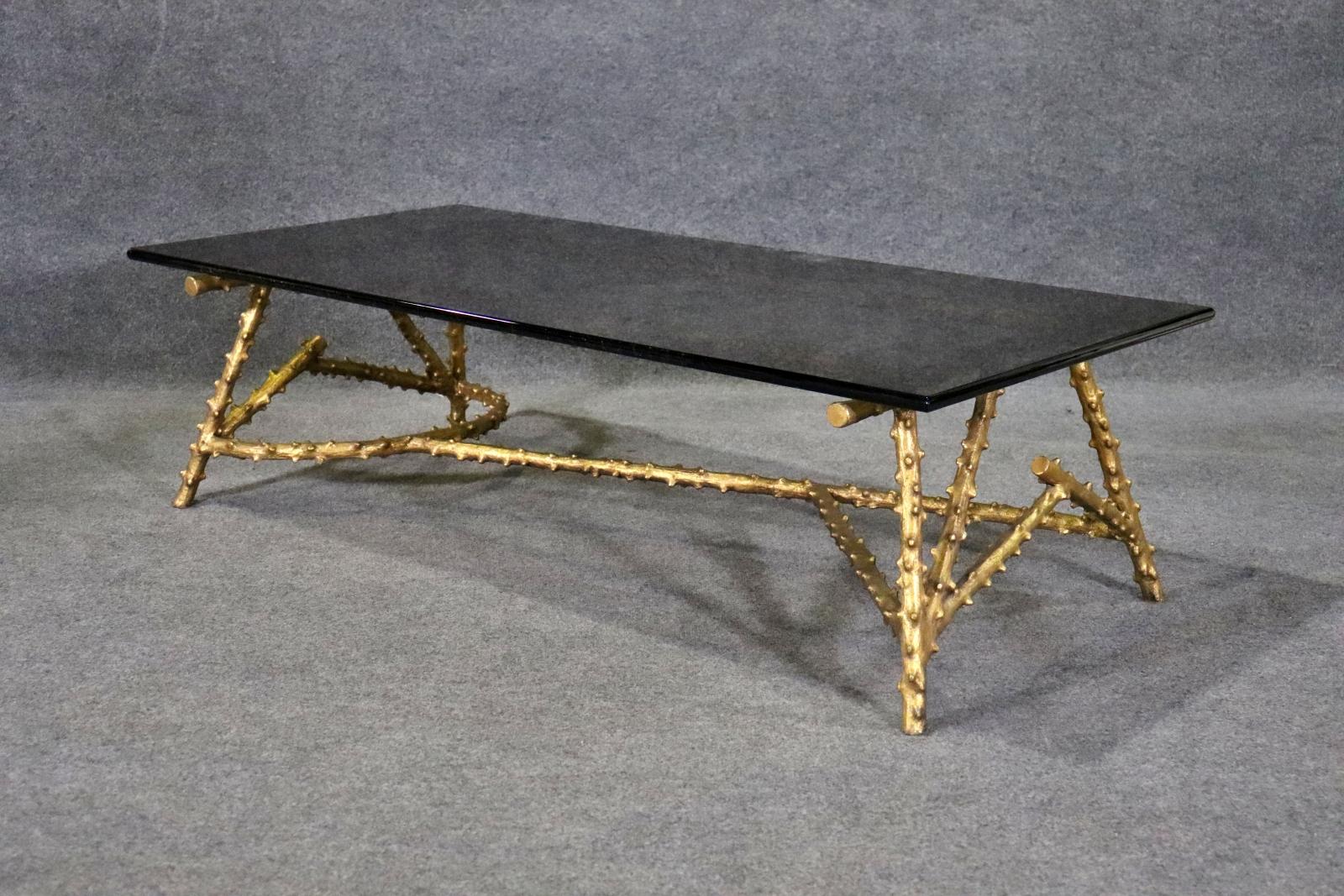 Directoire Gilt Metal Bagues Faux Bois Tree Branch Asymetric Form Smoked Glass Coffee Table For Sale
