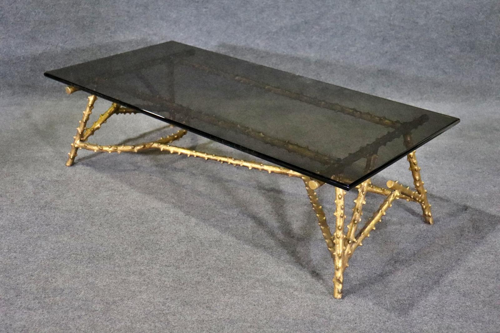 French Gilt Metal Bagues Faux Bois Tree Branch Asymetric Form Smoked Glass Coffee Table For Sale