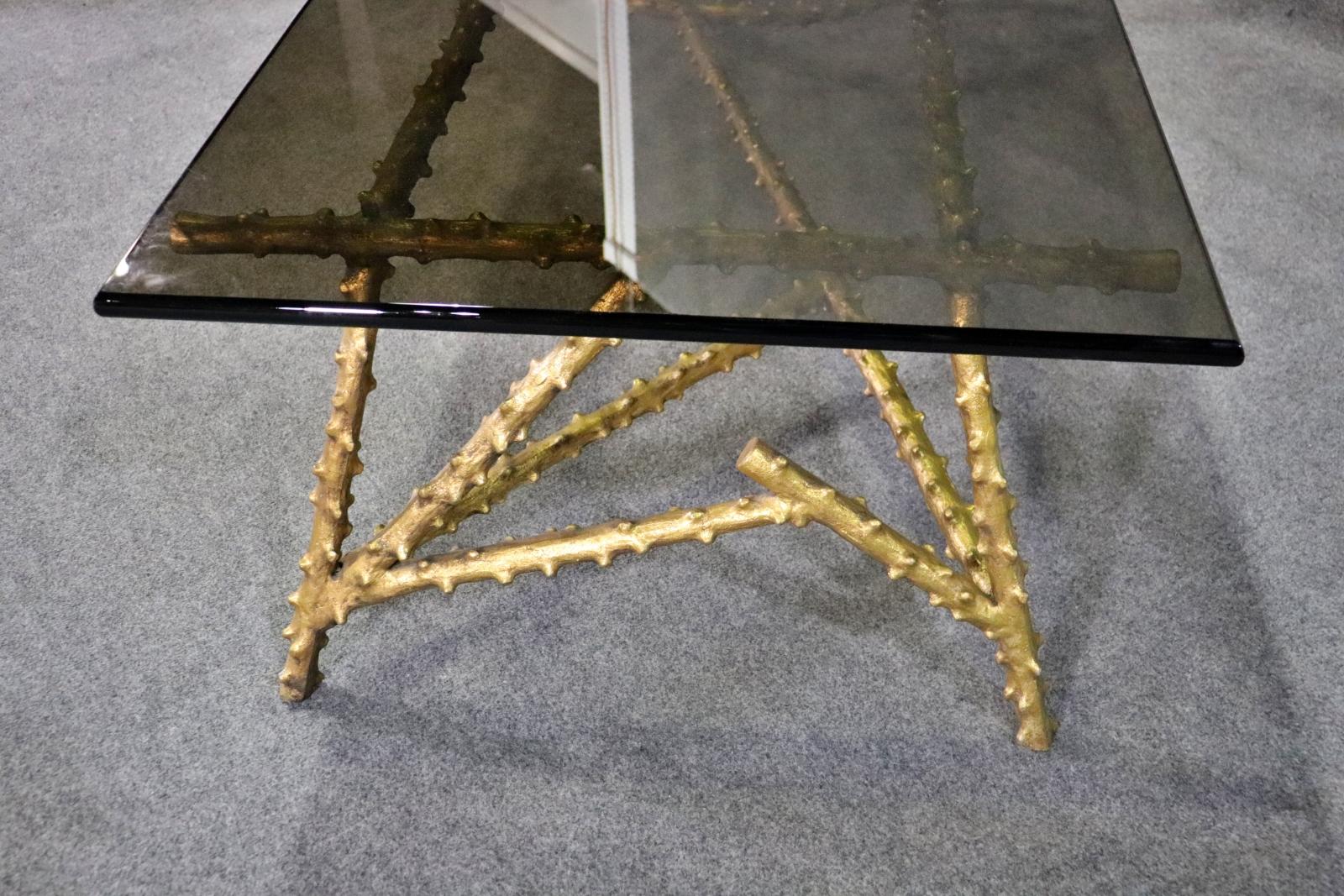 Gilt Metal Bagues Faux Bois Tree Branch Asymetric Form Smoked Glass Coffee Table In Good Condition For Sale In Swedesboro, NJ