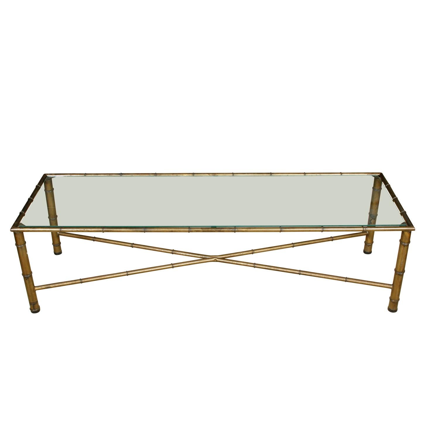 Gilt Metal Bamboo Long Rectangular Glass Top Coffee Table with X-Stretcher In Good Condition In Locust Valley, NY