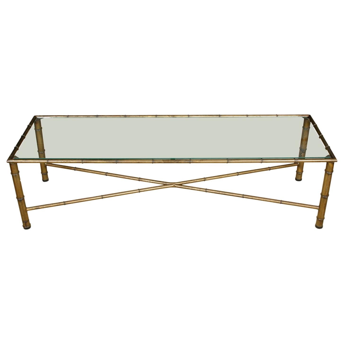 Gilt Metal Bamboo Long Rectangular Glass Top Coffee Table with X-Stretcher