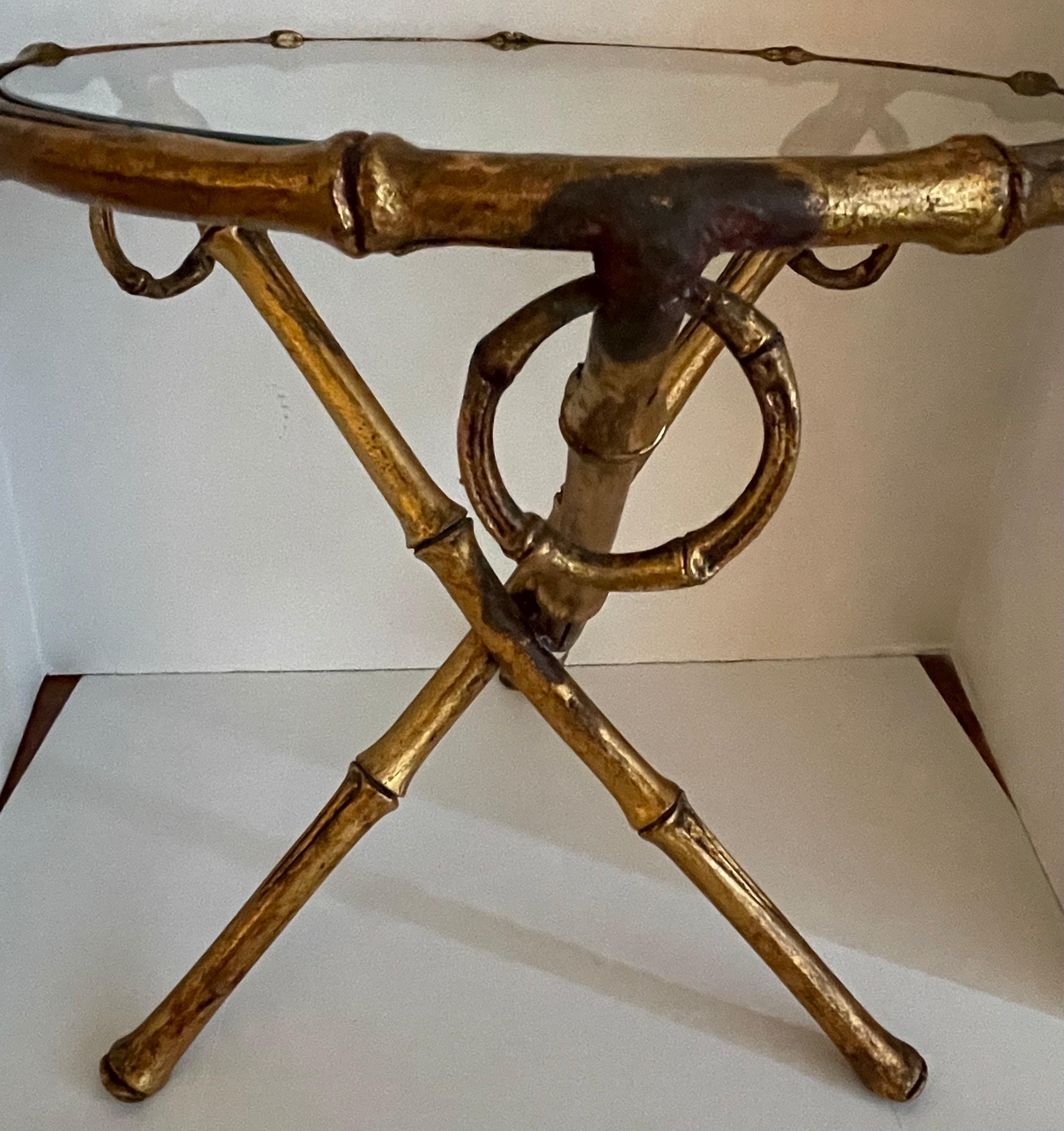 Gilt Metal Bamboo Round Tripod Side Table In Good Condition In Stamford, CT