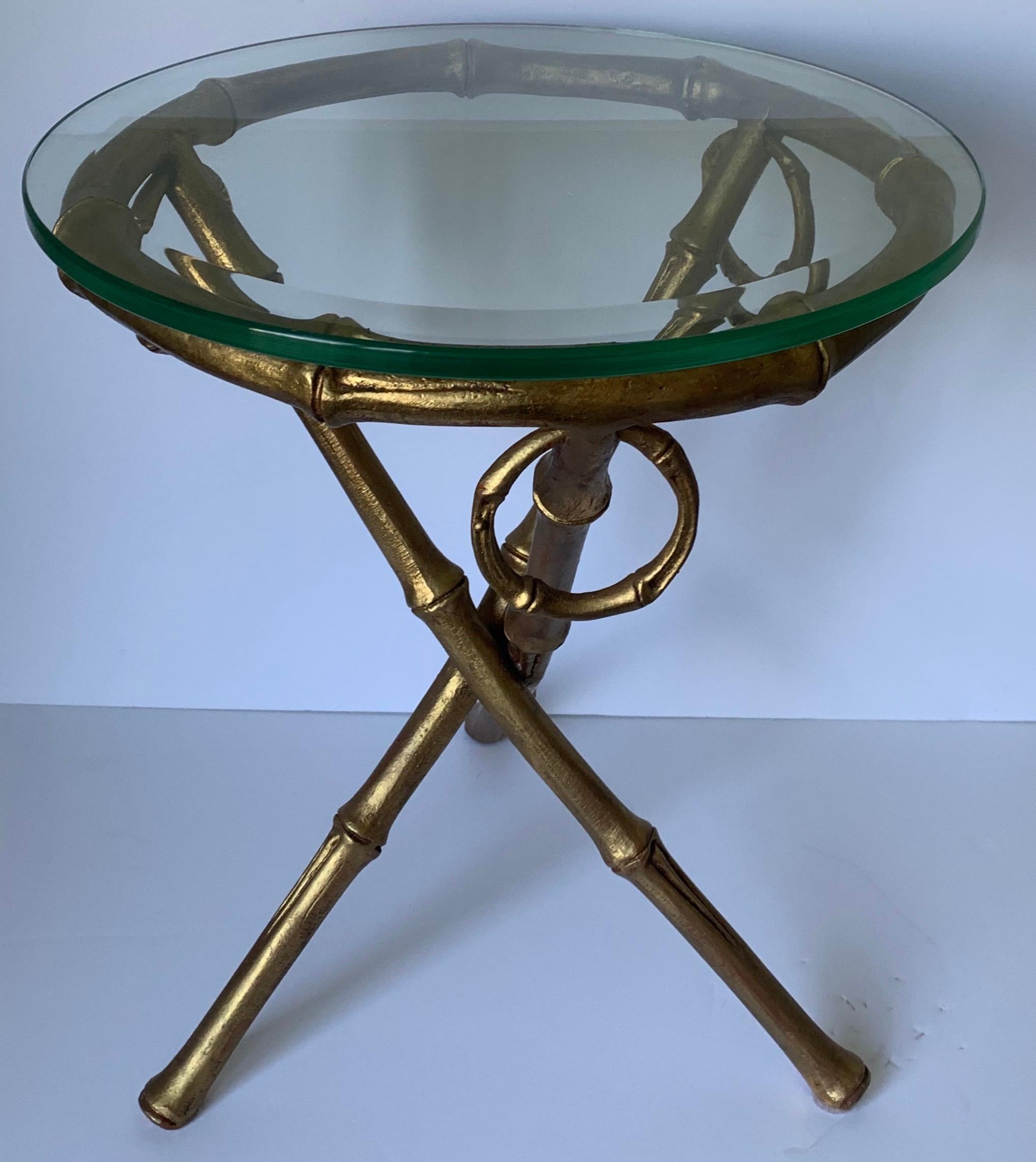 Chinoiserie Gilt Metal Bamboo Tripod Round Side Table