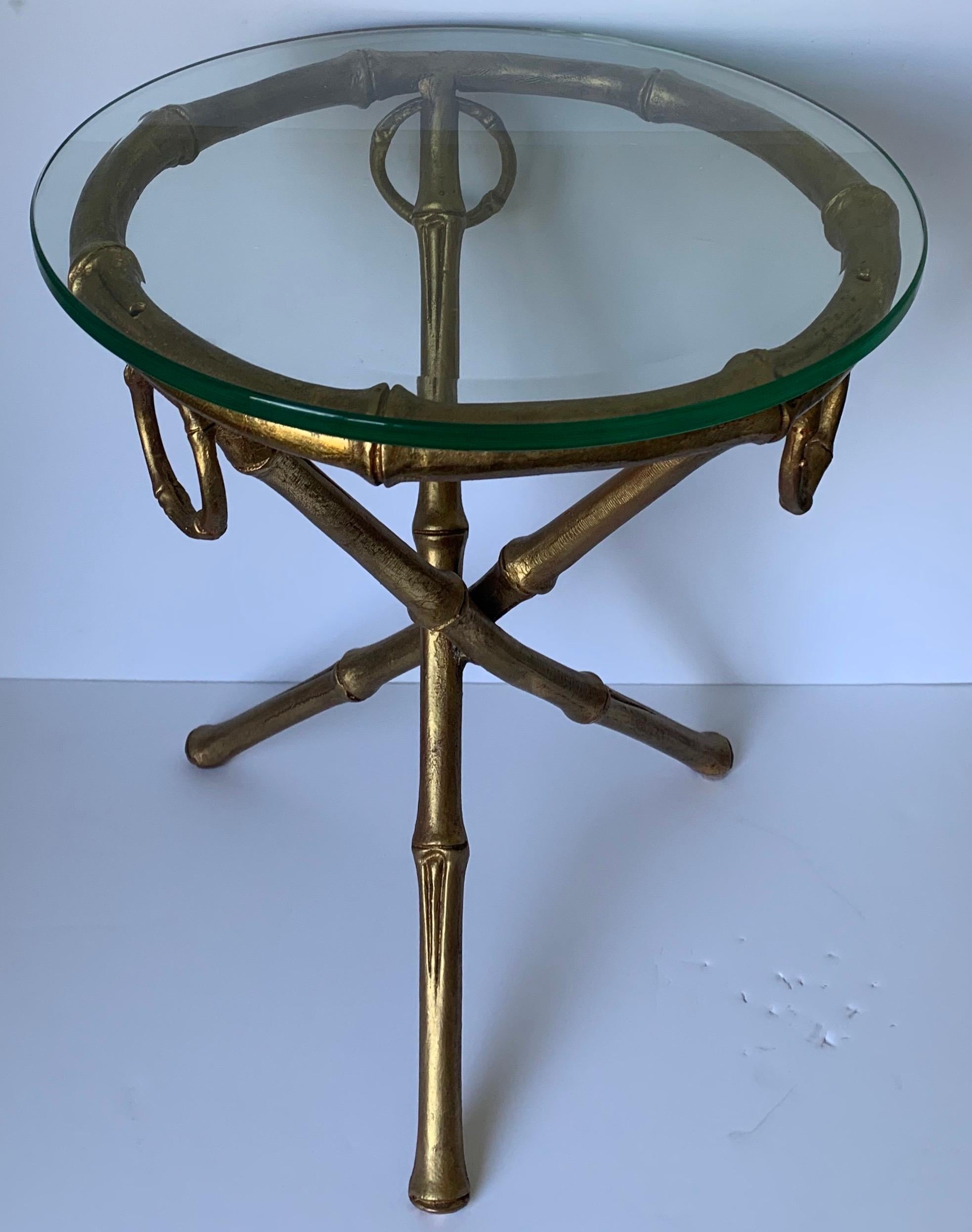 Gilt Metal Bamboo Tripod Round Side Table In Good Condition In Stamford, CT