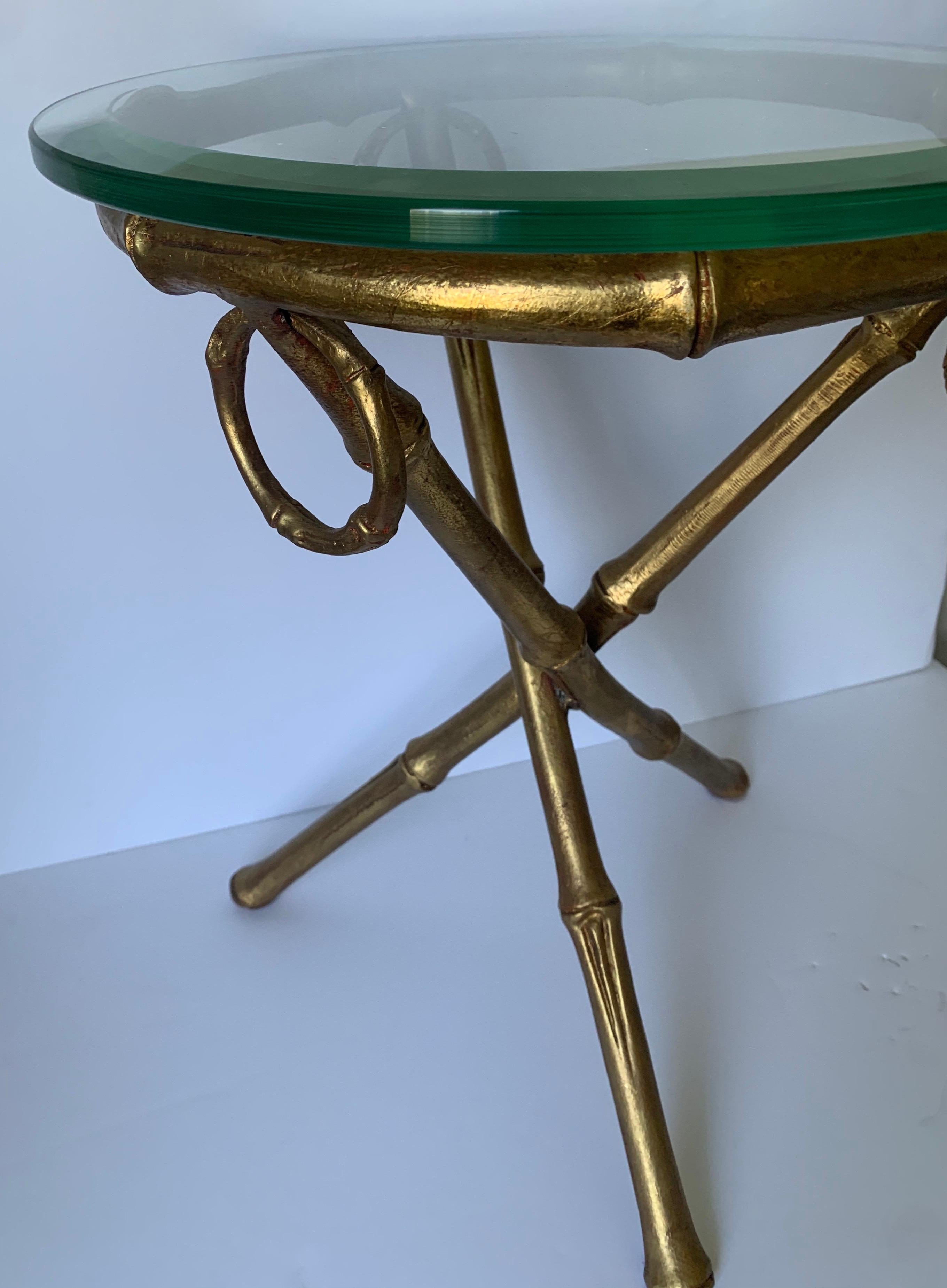 20th Century Gilt Metal Bamboo Tripod Round Side Table