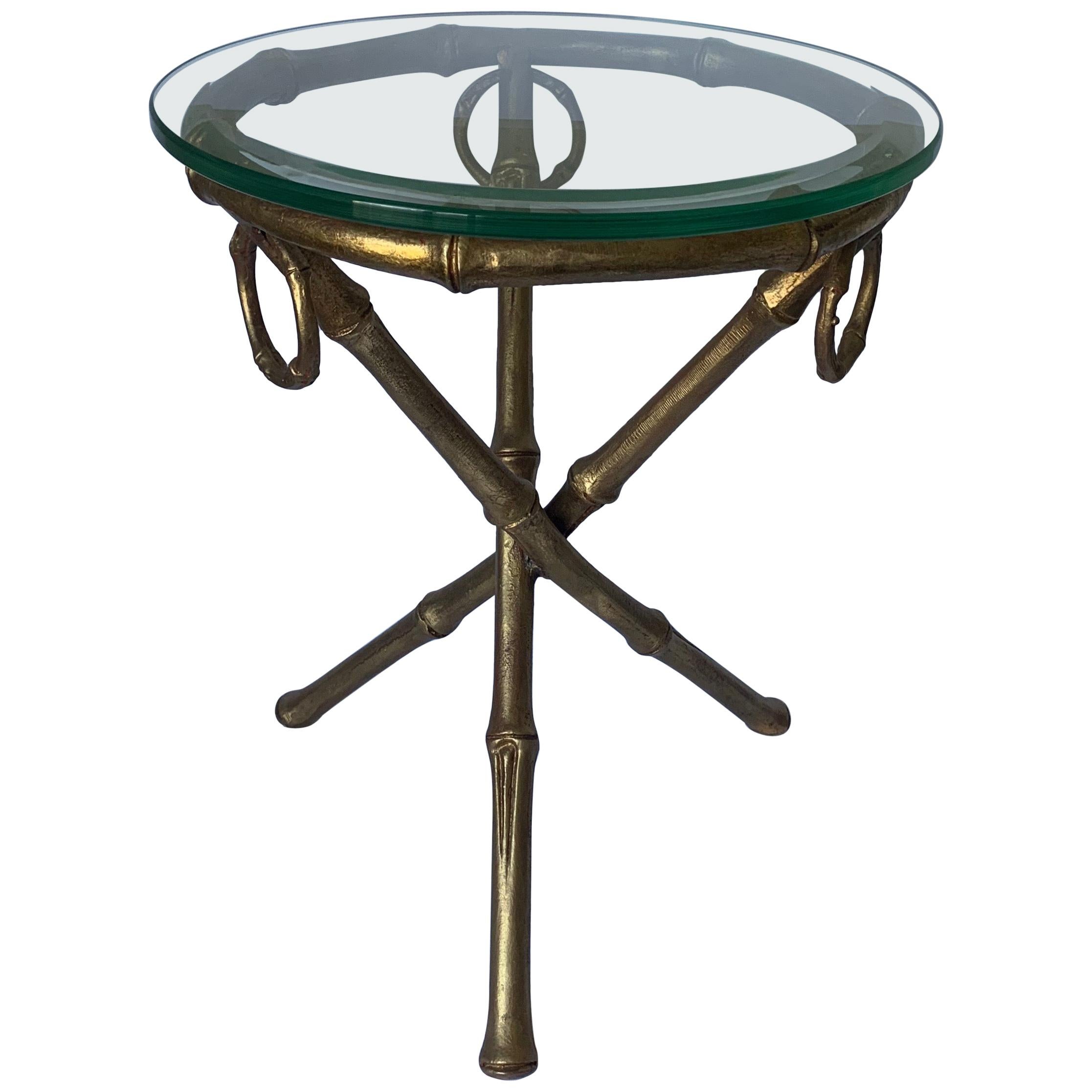 Gilt Metal Bamboo Tripod Round Side Table