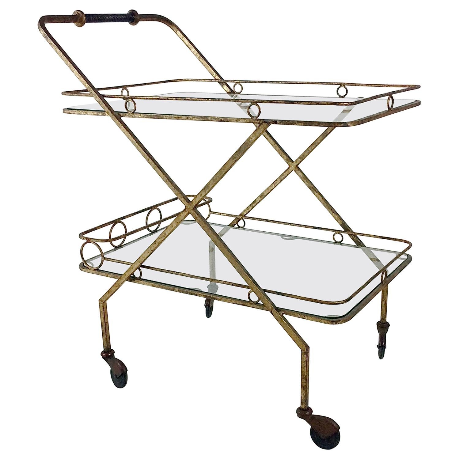 French Gilt Metal Bar Cart, circa 1960 For Sale