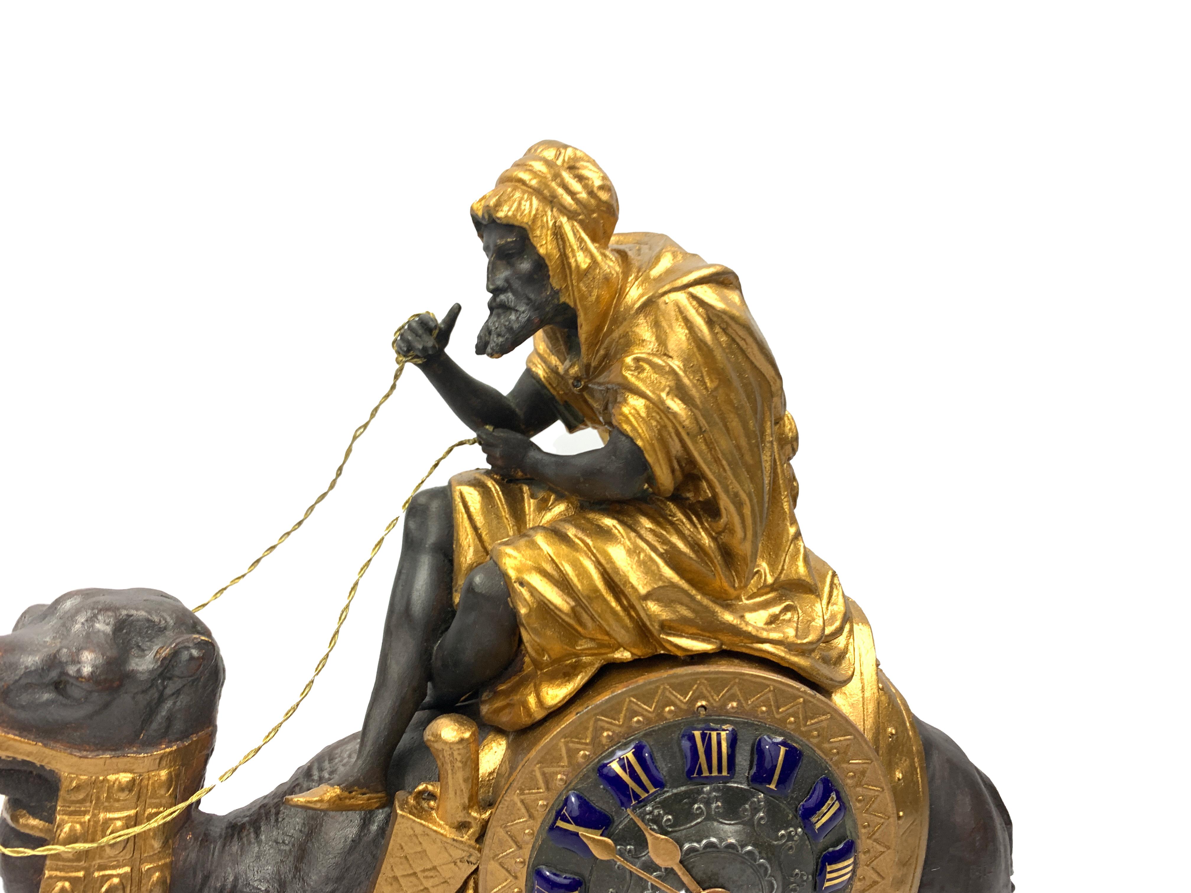 Spelter Gilt Metal Camel and Arab Rider Figural Mantle Clock, French, 19th Century