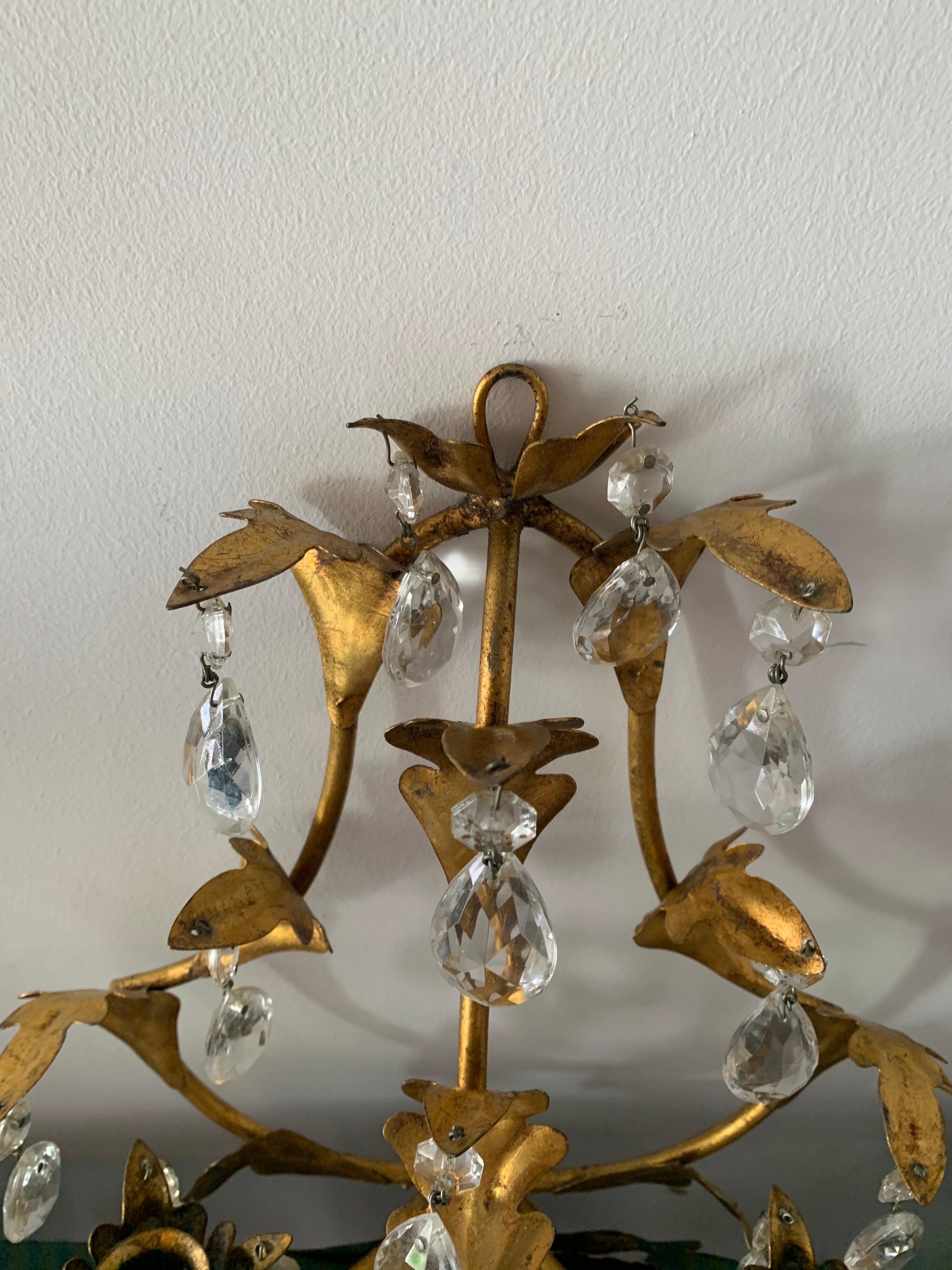 Baroque Gilt Metal Candle Sconce with Glass Drops, a Single Item For Sale