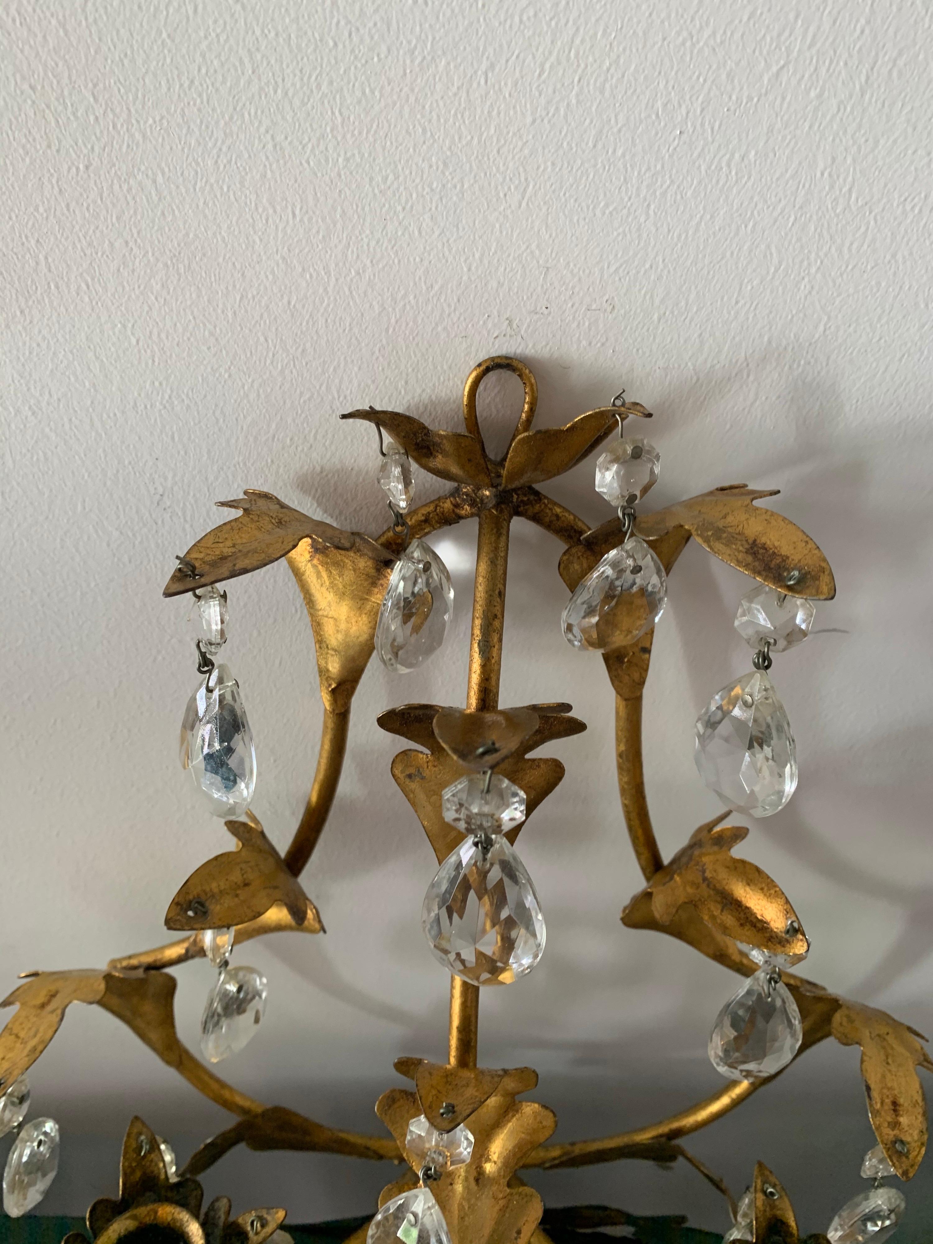Baroque Gilt Metal Wall Candle Holder Sconce with Glass Drops, a Single Item