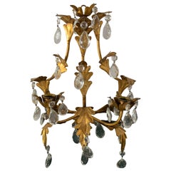 Vintage Gilt Metal Wall Candle Holder Sconce with Glass Drops, a Single Item