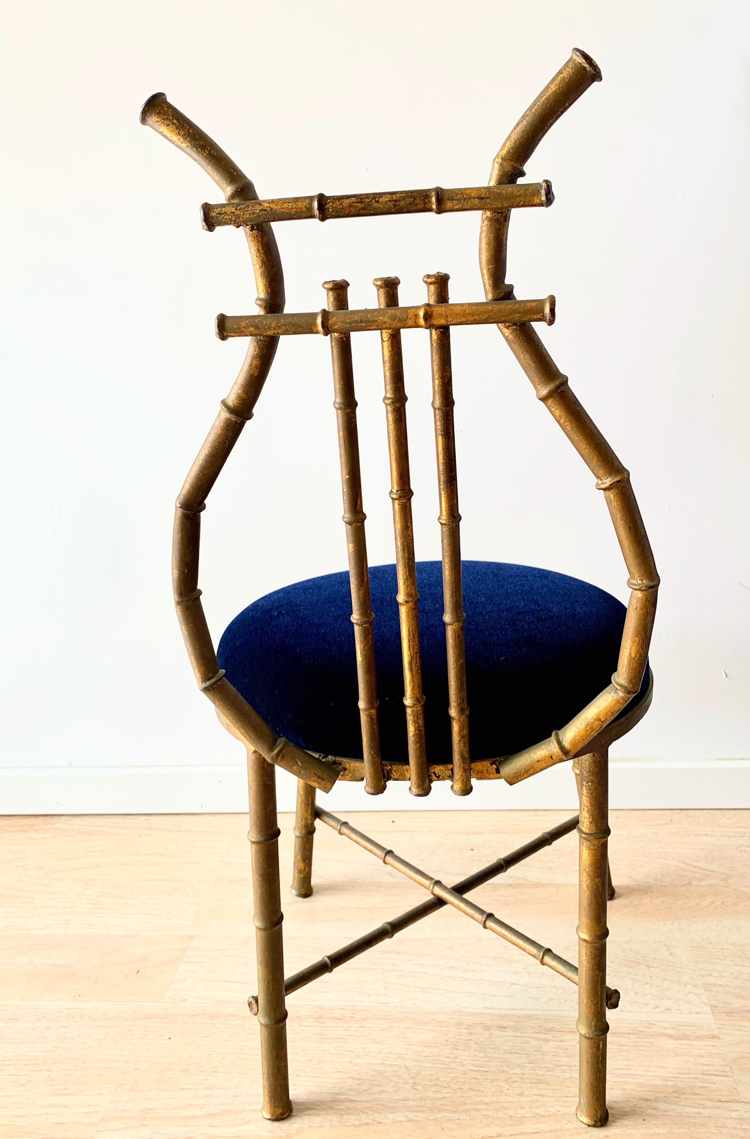 Mid-Century Modern Gilt Metal Chair in Shape of a Lire with Blue Mohair For Sale