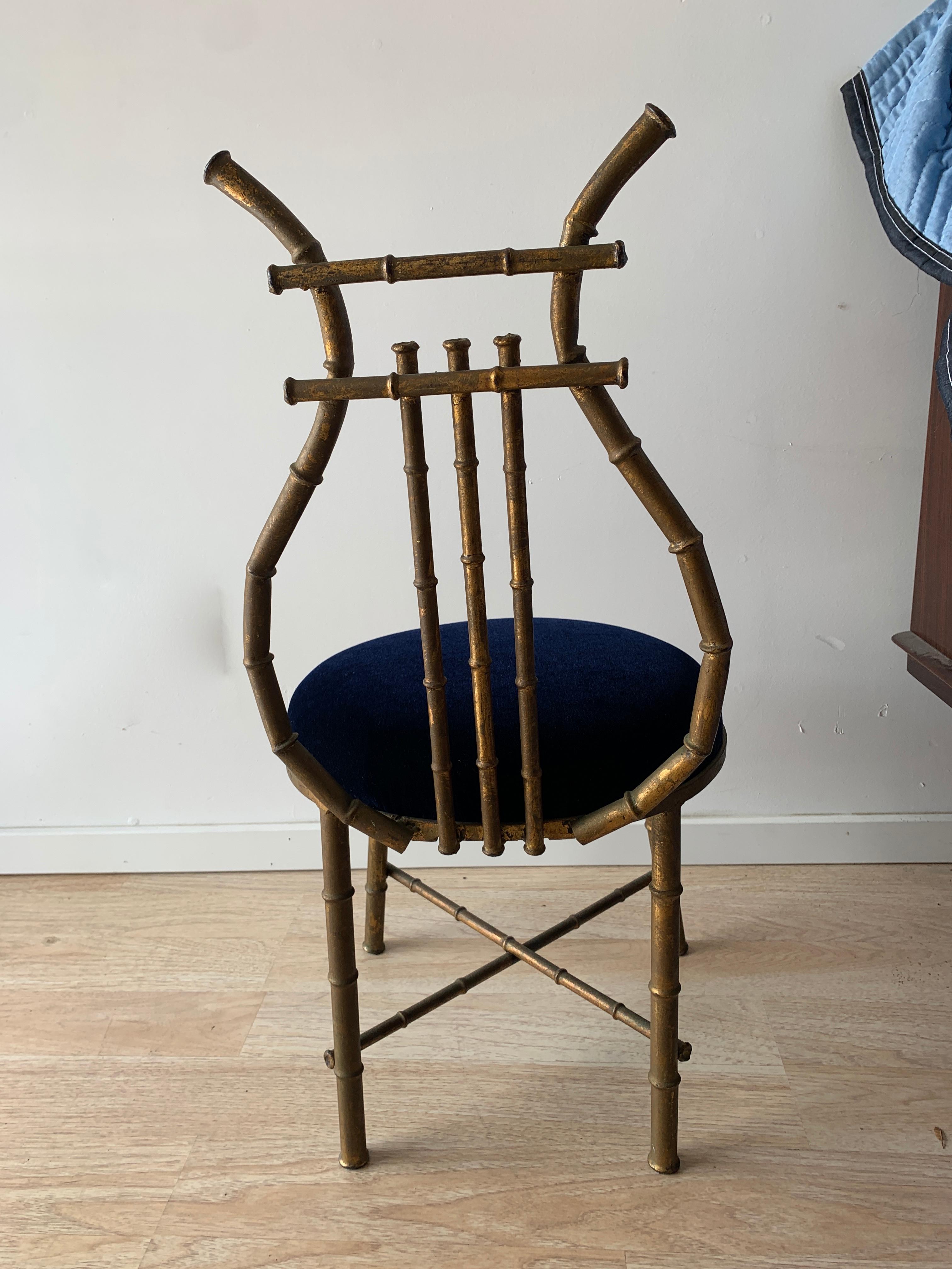 Gilt Metal Chair in Shape of a Lire with Blue Mohair In Good Condition For Sale In Los Angeles, CA