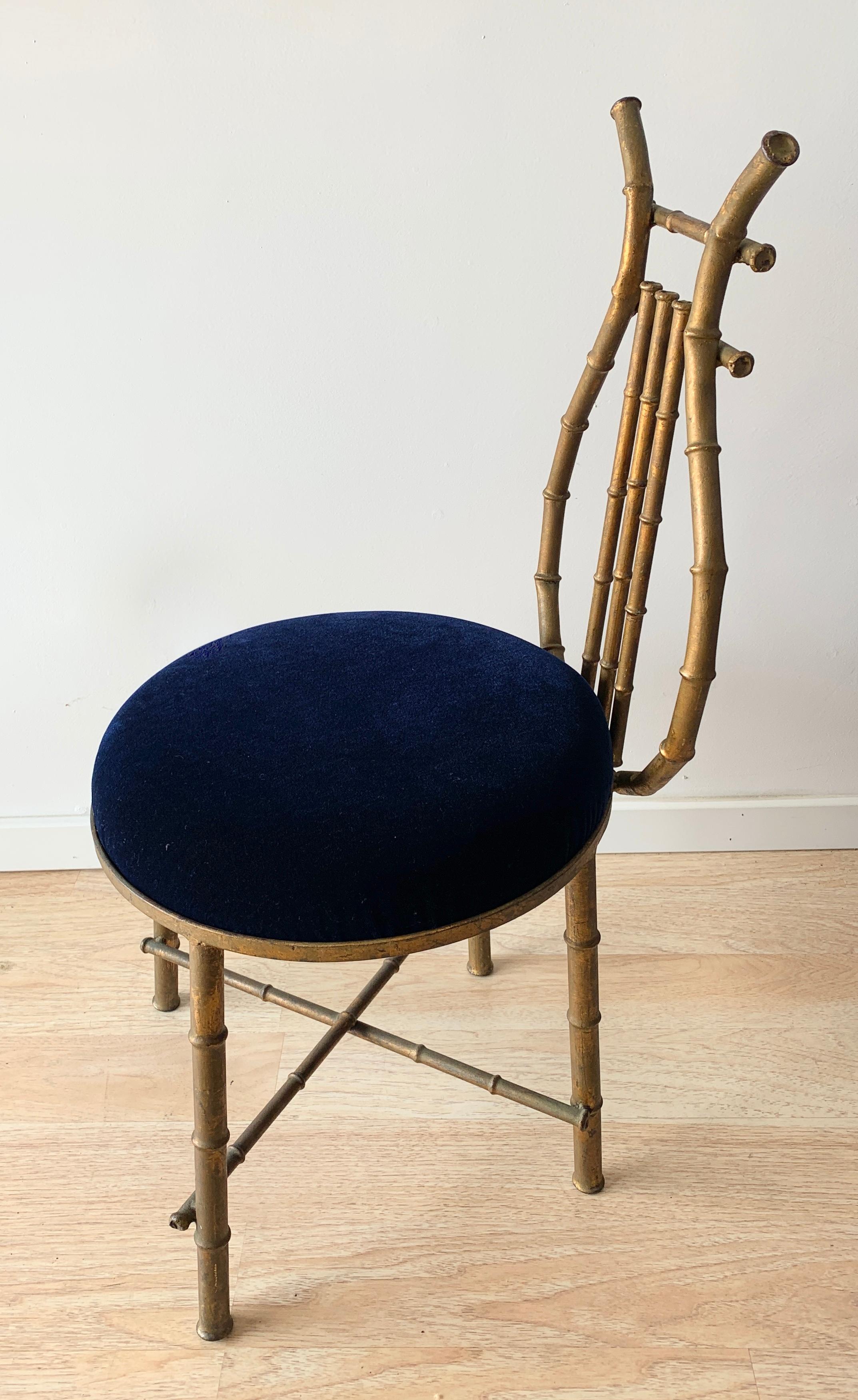 20th Century Gilt Metal Chair in Shape of a Lire with Blue Mohair For Sale
