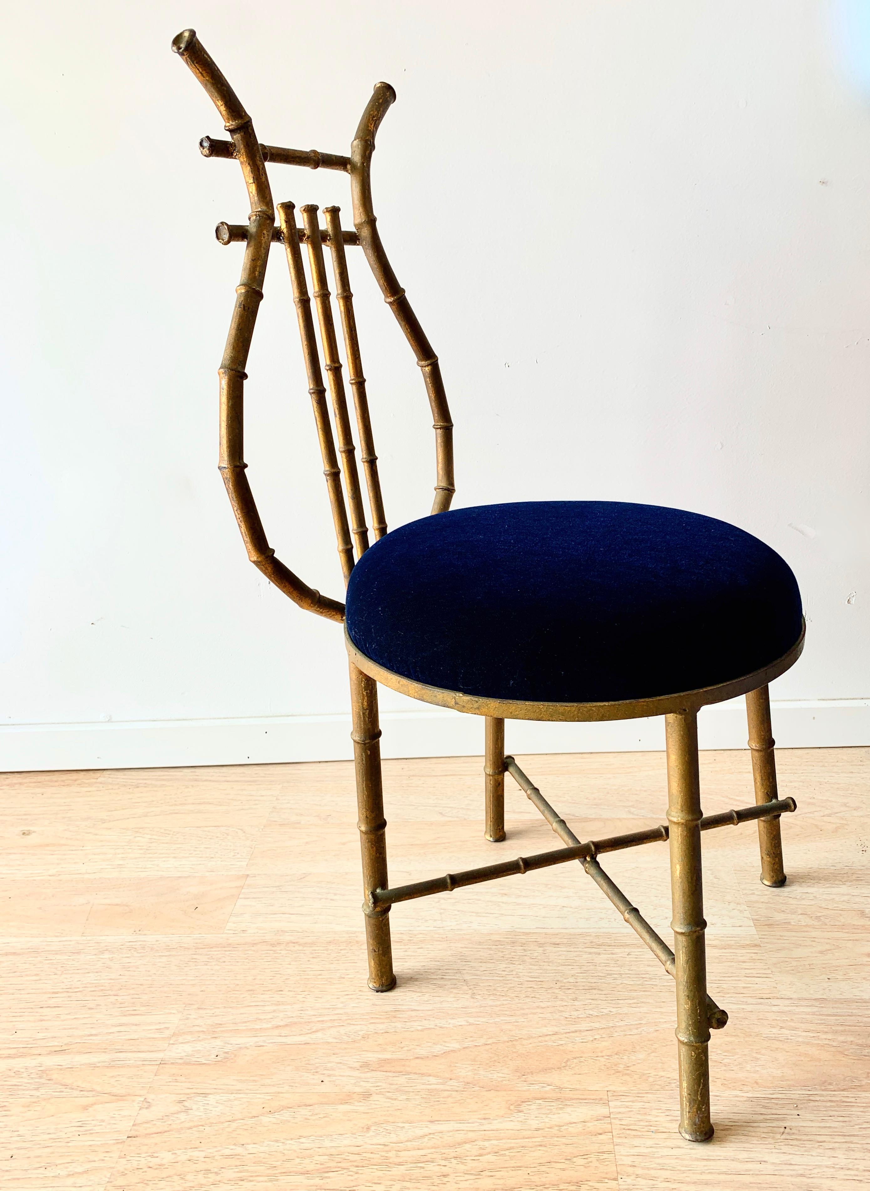 Gilt Metal Chair in Shape of a Lire with Blue Mohair For Sale 1