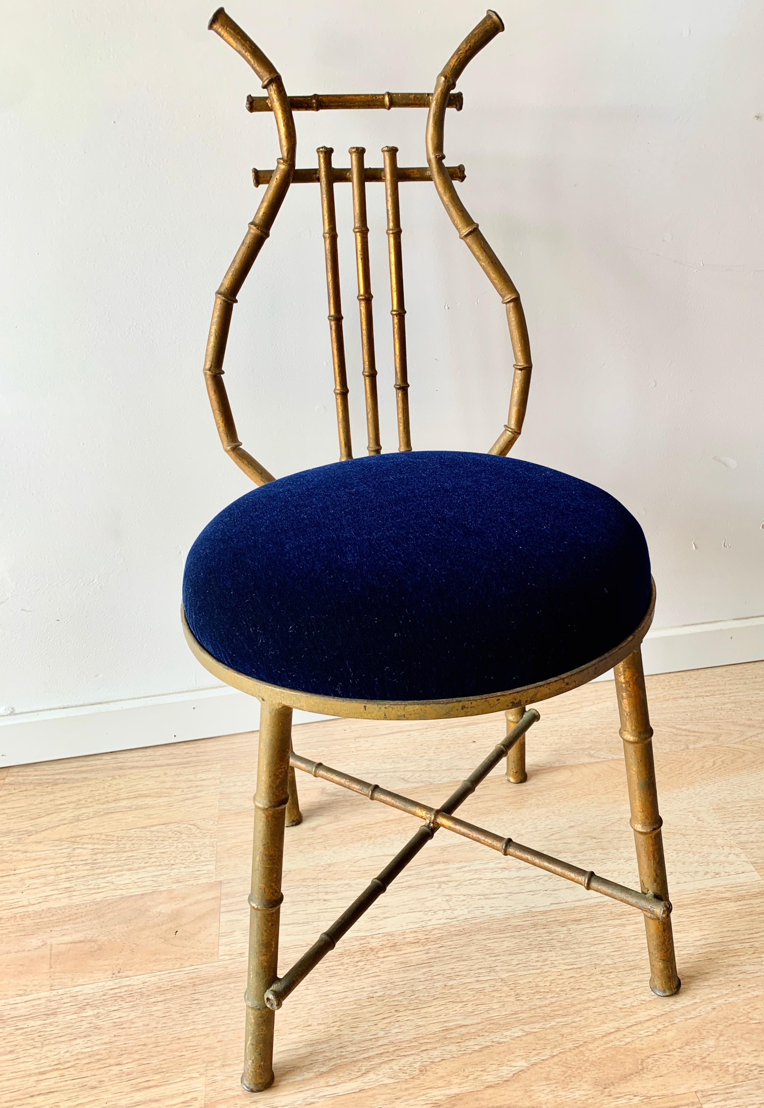 Gilt Metal Chair in Shape of a Lire with Blue Mohair For Sale 2