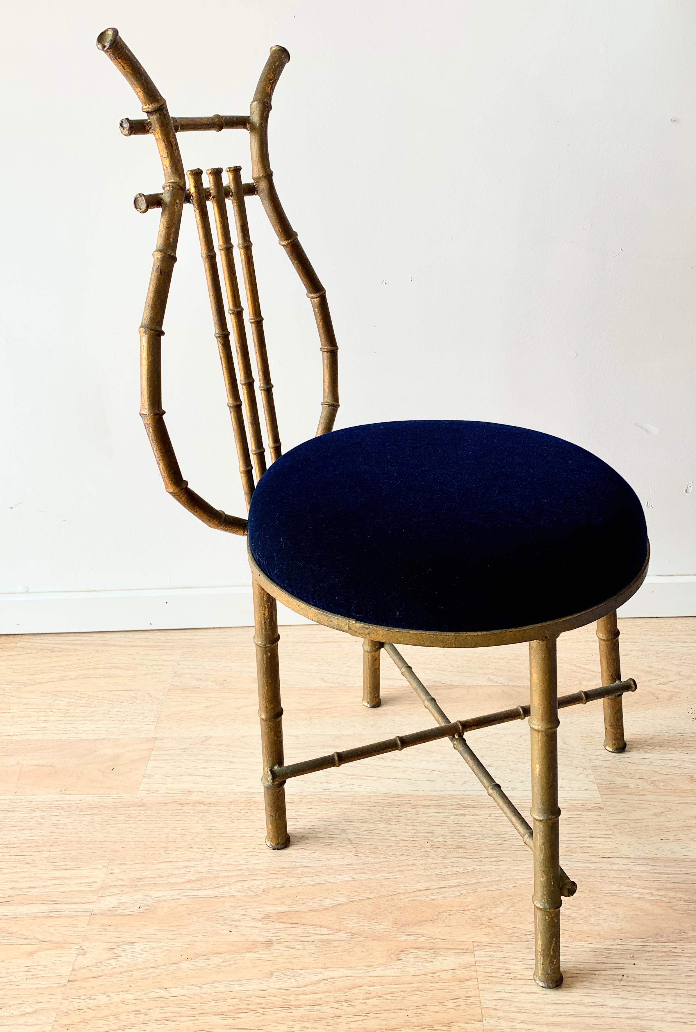 Gilt Metal Chair in Shape of a Lire with Blue Mohair For Sale 3