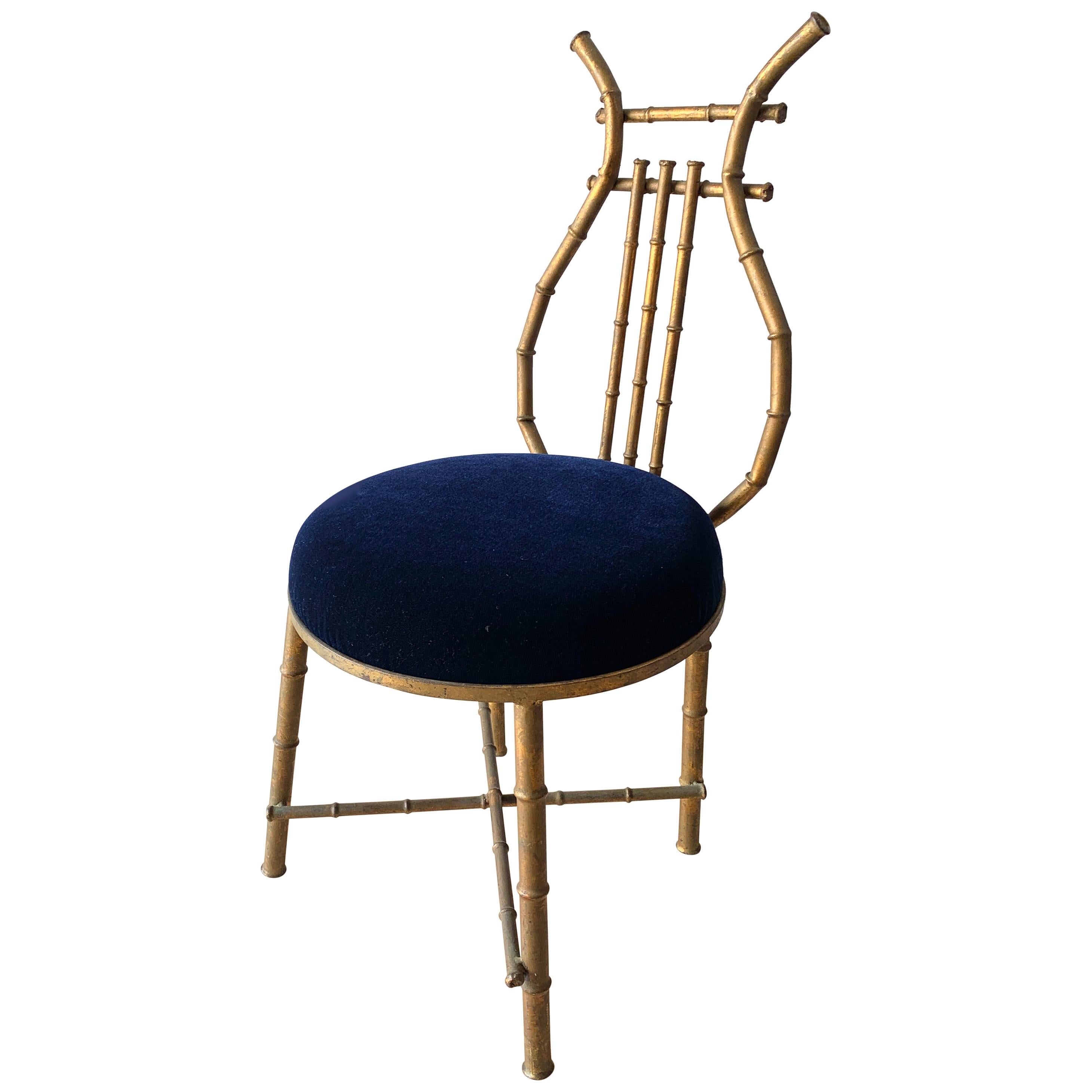 Gilt Metal Chair in Shape of a Lire with Blue Mohair For Sale