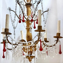 Gilt Metal Chandelier with Crystal and Red Pendants