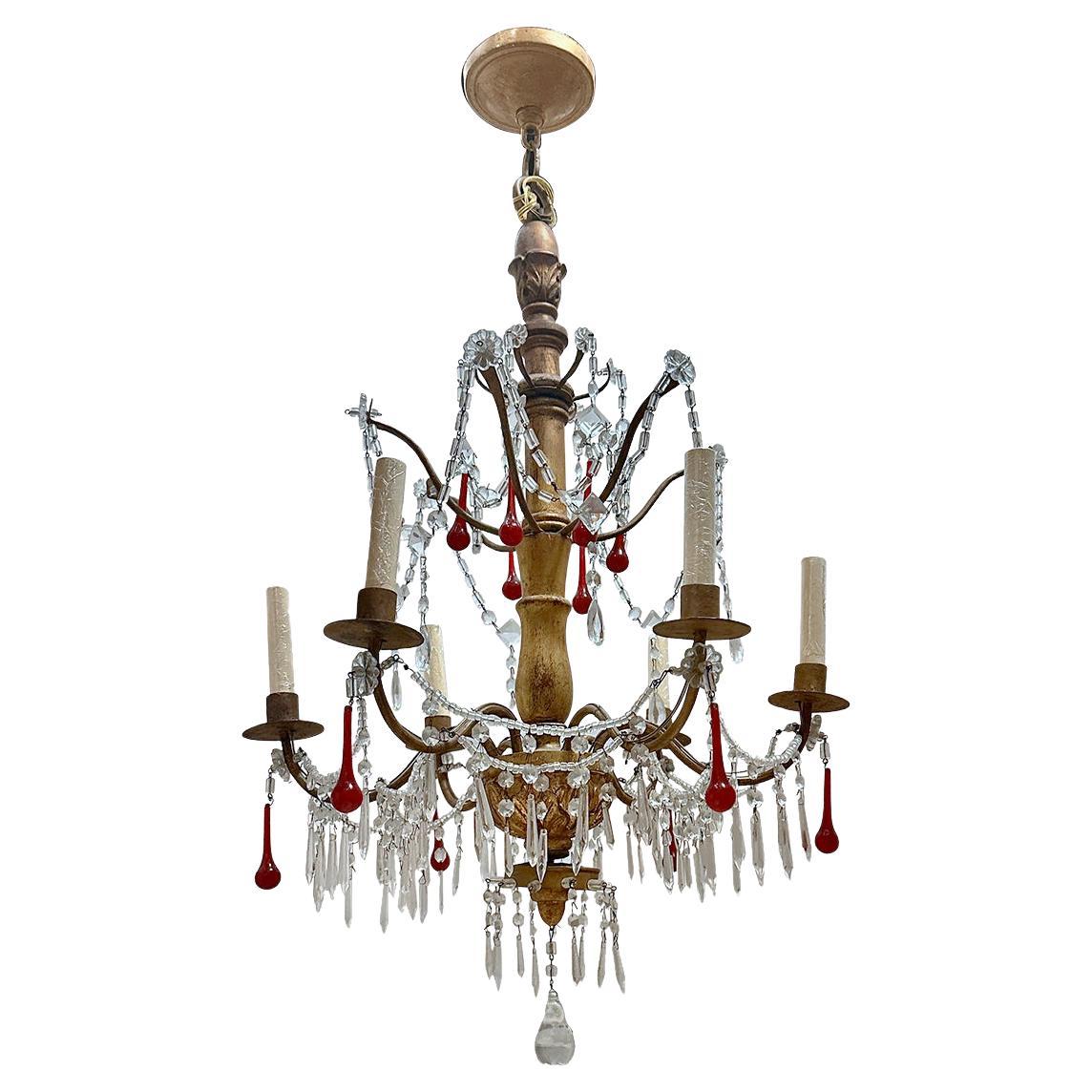 Gilt Metal Chandelier with Crystal and Red Pendants