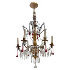 Gilt Metal Chandelier with Crystal and Red Pendants