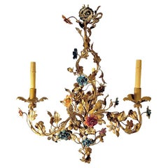 Gilt Metal Chandelier with Flowers