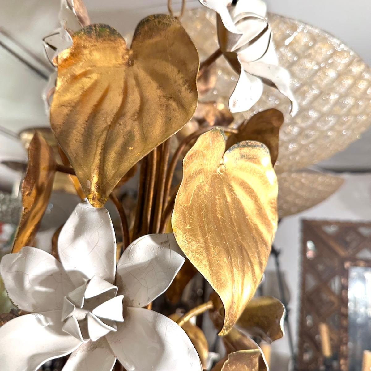 Gilt Metal Chandelier with Magnolia Flowers For Sale 5