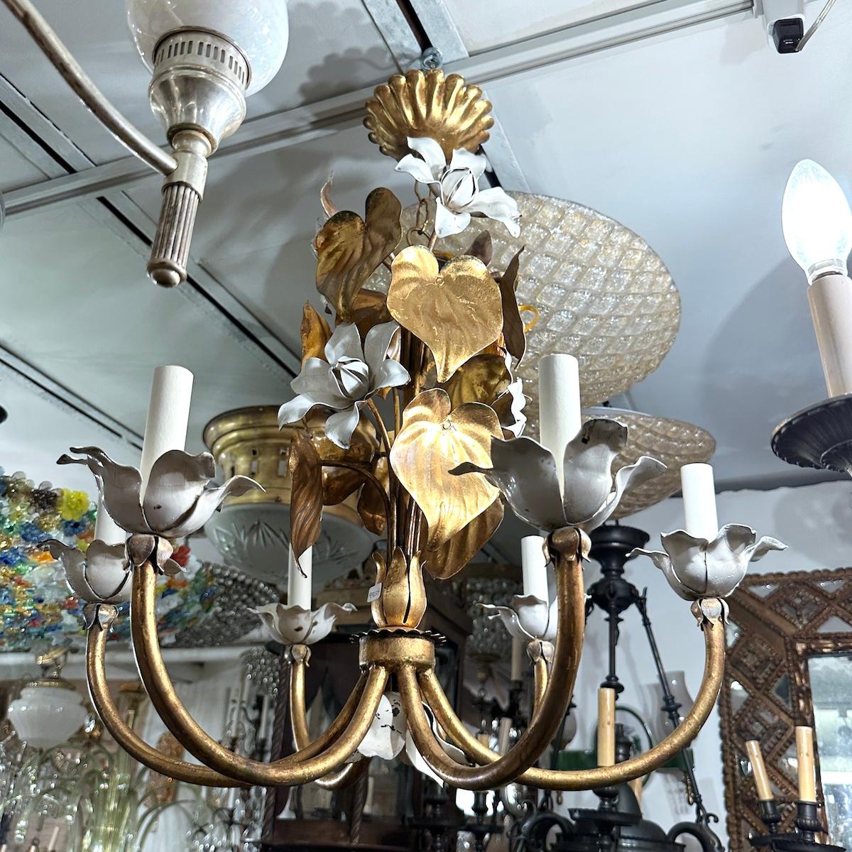 Gilt Metal Chandelier with Magnolia Flowers For Sale 7