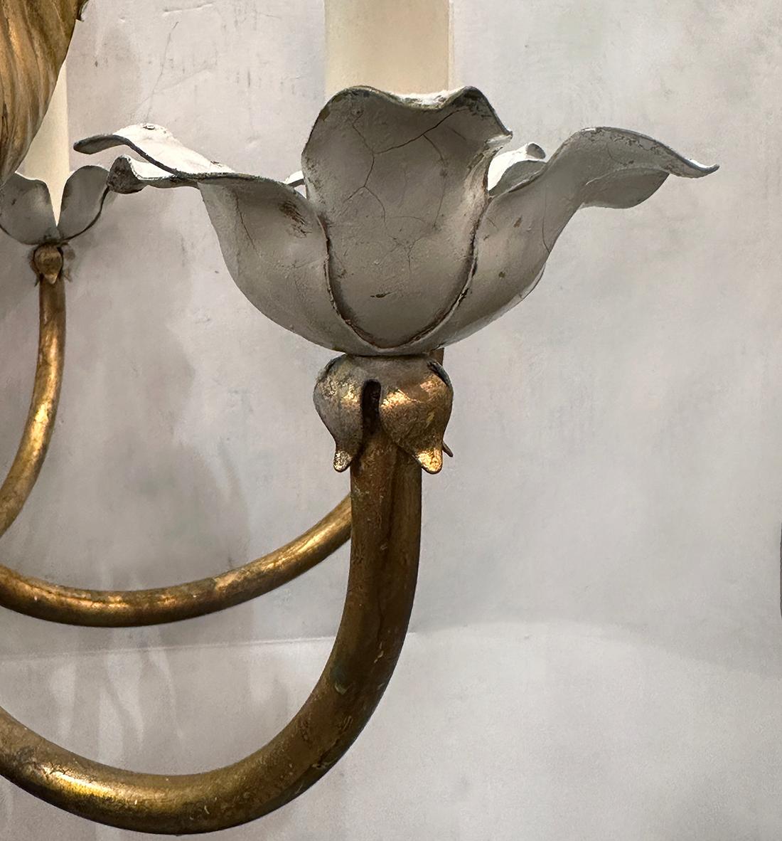 Italian Gilt Metal Chandelier with Magnolia Flowers For Sale