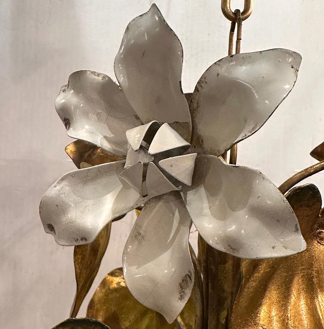 Gilt Metal Chandelier with Magnolia Flowers In Good Condition For Sale In New York, NY
