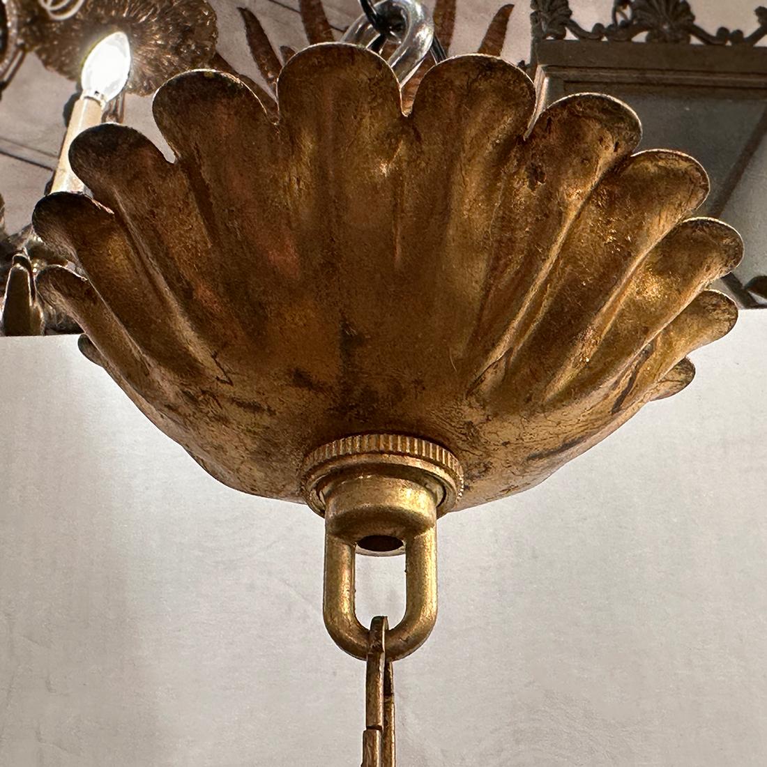Early 20th Century Gilt Metal Chandelier with Magnolia Flowers For Sale