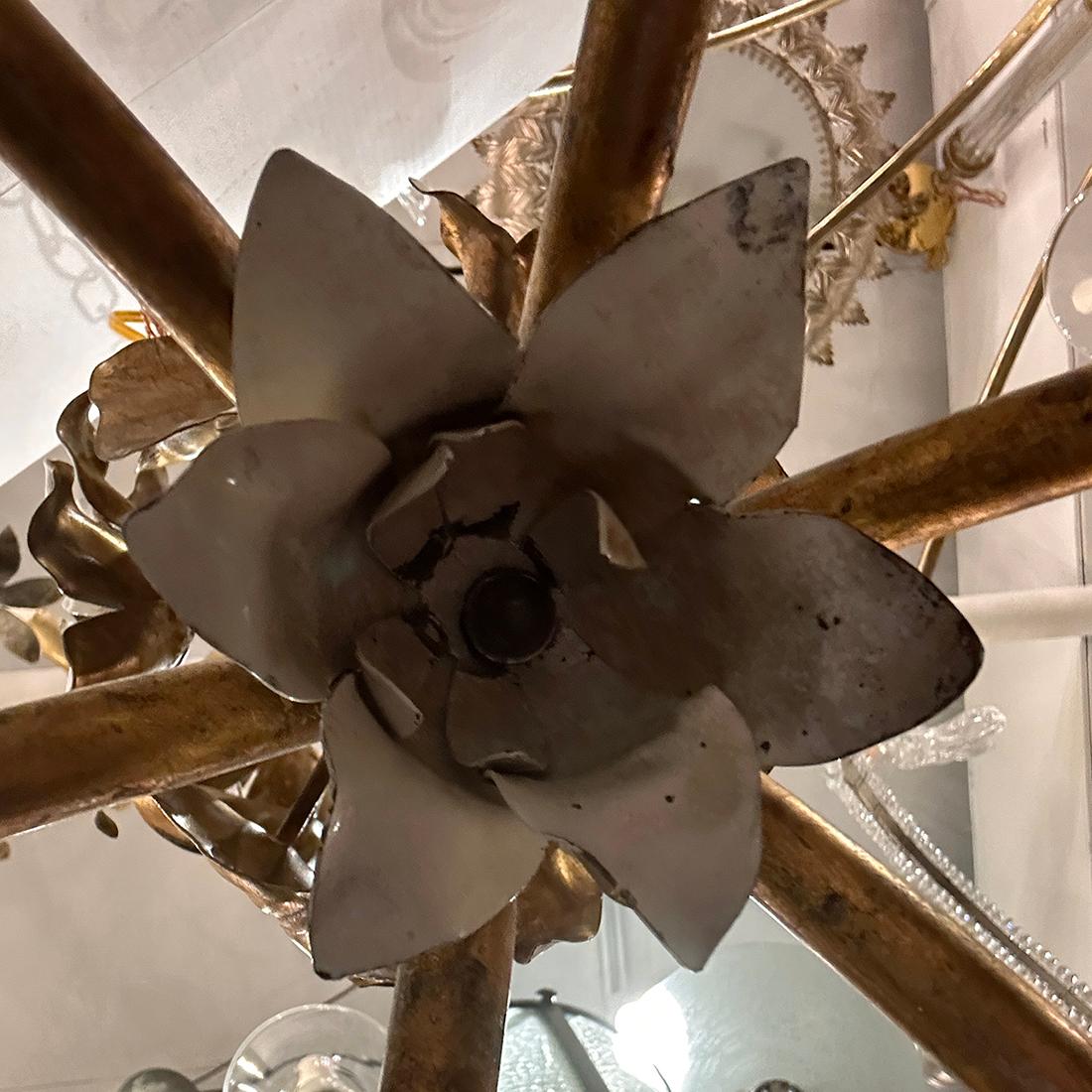 Gilt Metal Chandelier with Magnolia Flowers For Sale 1