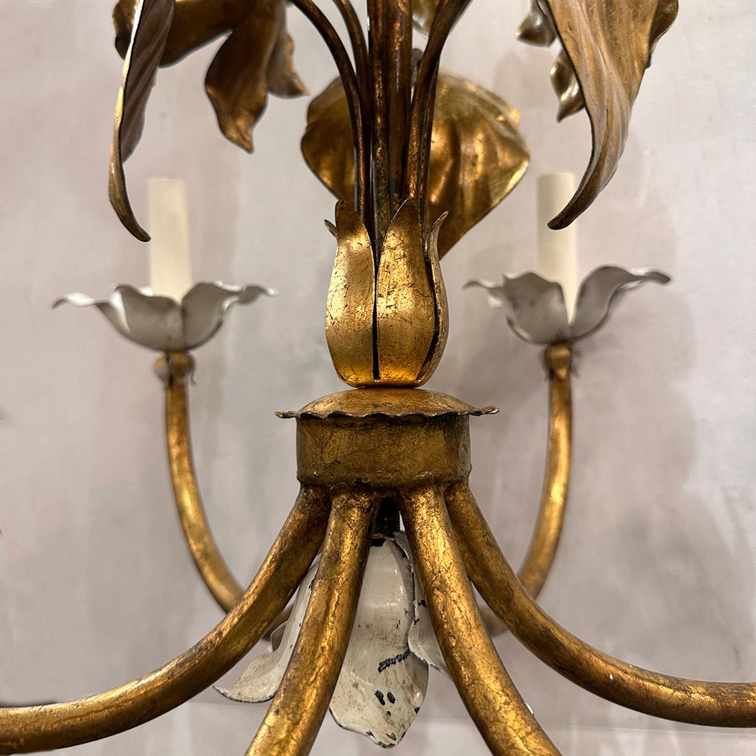 Gilt Metal Chandelier with Magnolia Flowers For Sale 2