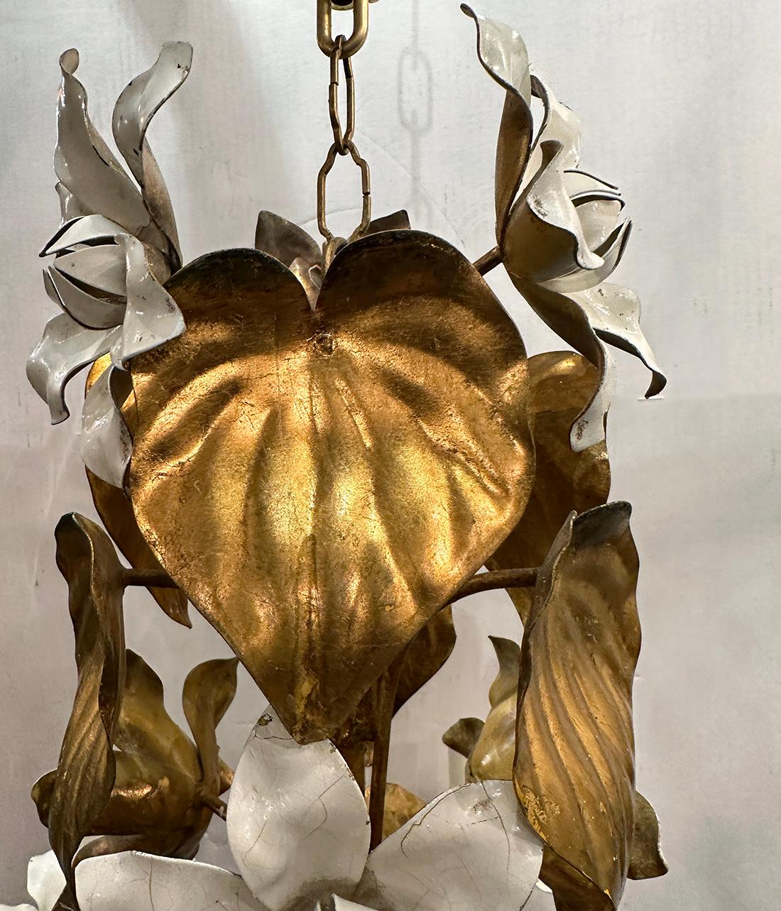 Gilt Metal Chandelier with Magnolia Flowers For Sale 3