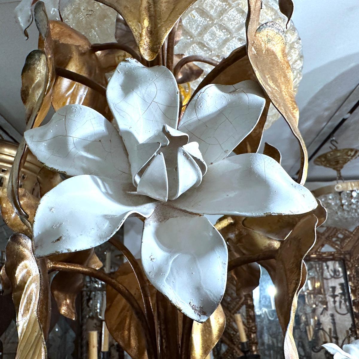 Gilt Metal Chandelier with Magnolia Flowers For Sale 4