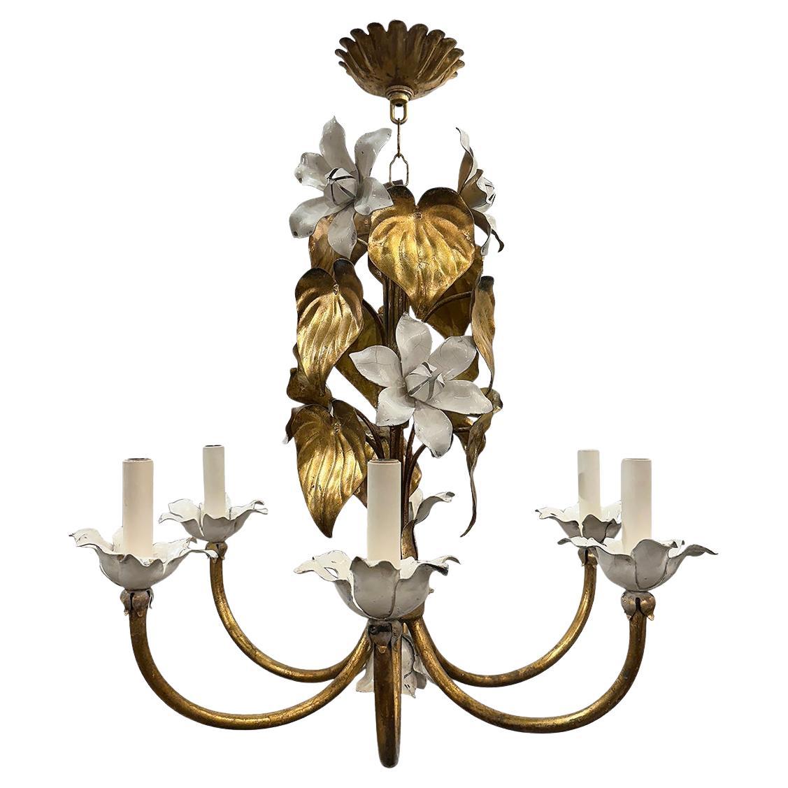 Gilt Metal Chandelier with Magnolia Flowers For Sale